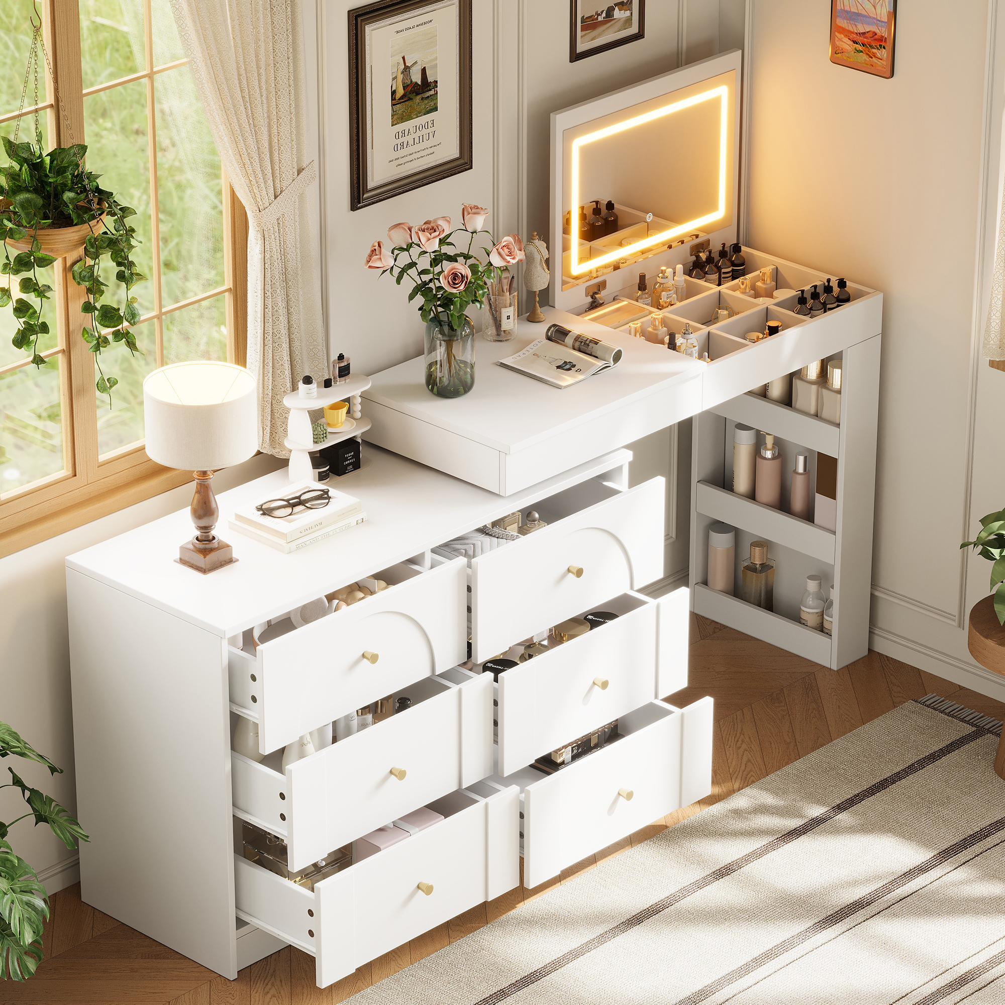 Modern L-Shaped Vanity Desk Study Table With LED Flip Mirror, 7 Drawers — image 2