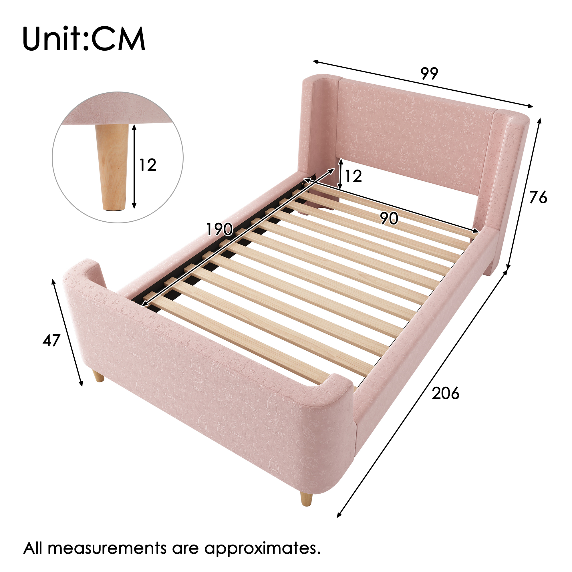 3FT Upholstered Bed, 90 X 190 Cm Single With Cosmic Pattern, Sleigh-style Teen — image 2