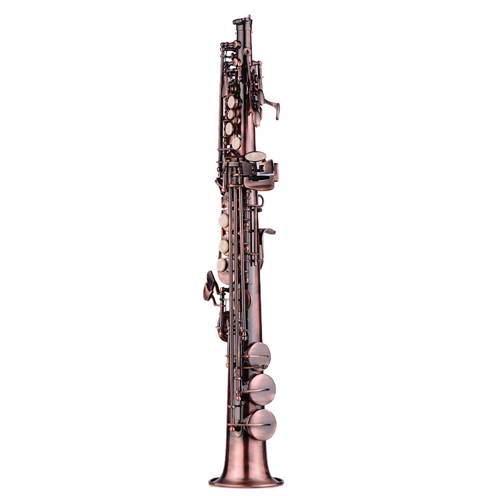 Professional Brass Straight Bb Soprano Saxophone Ni Plated Sax Woodwind Instrument Carve Pattern With Case Gloves Cleaning Cloth Straps Brush (Red)