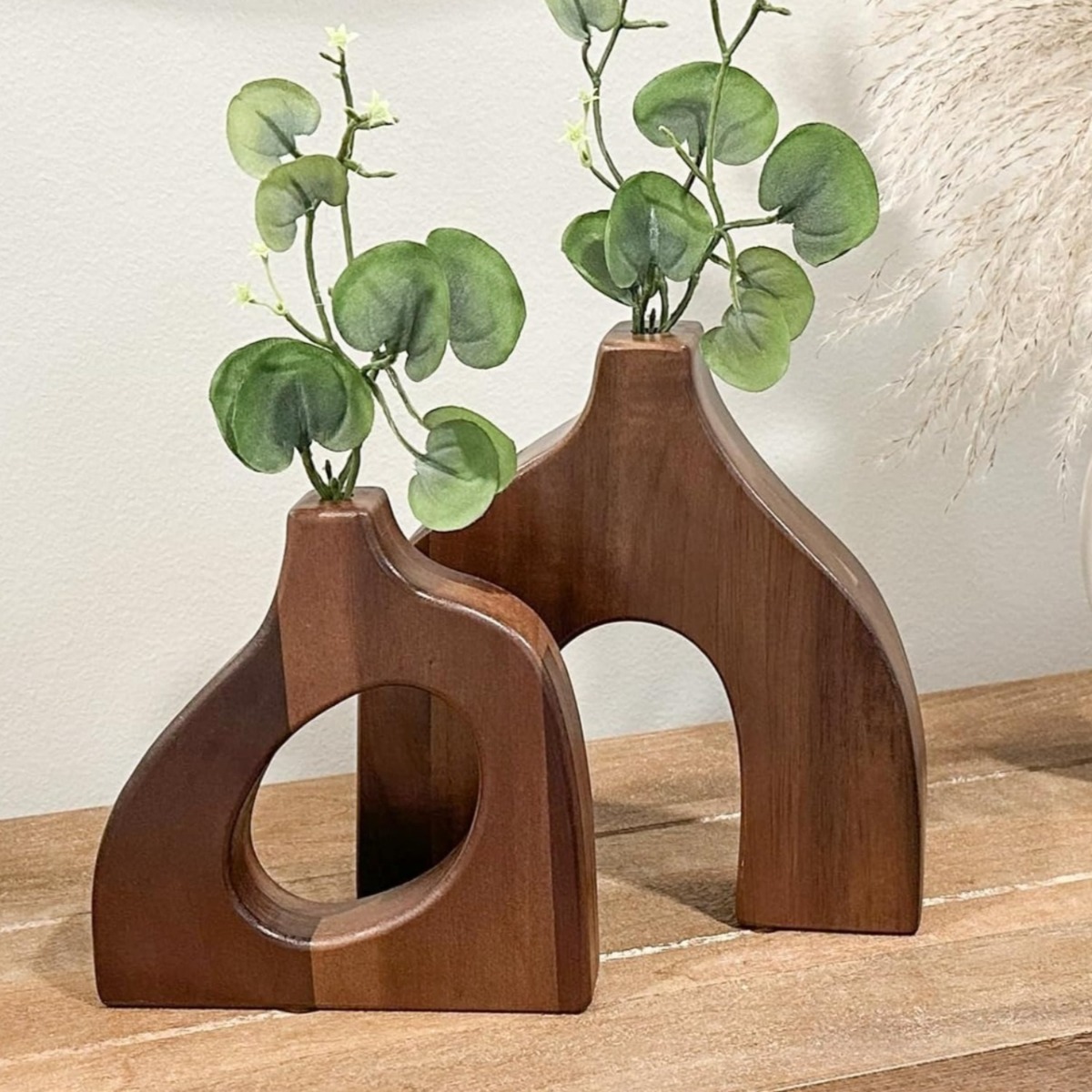 Set Of 2 Vintage Wooden Vases: Rustic Base-Shaped Wooden Vases, Decorative And Artistic Home Decor, Nordic Style Tabletop Flower Vases For The Living