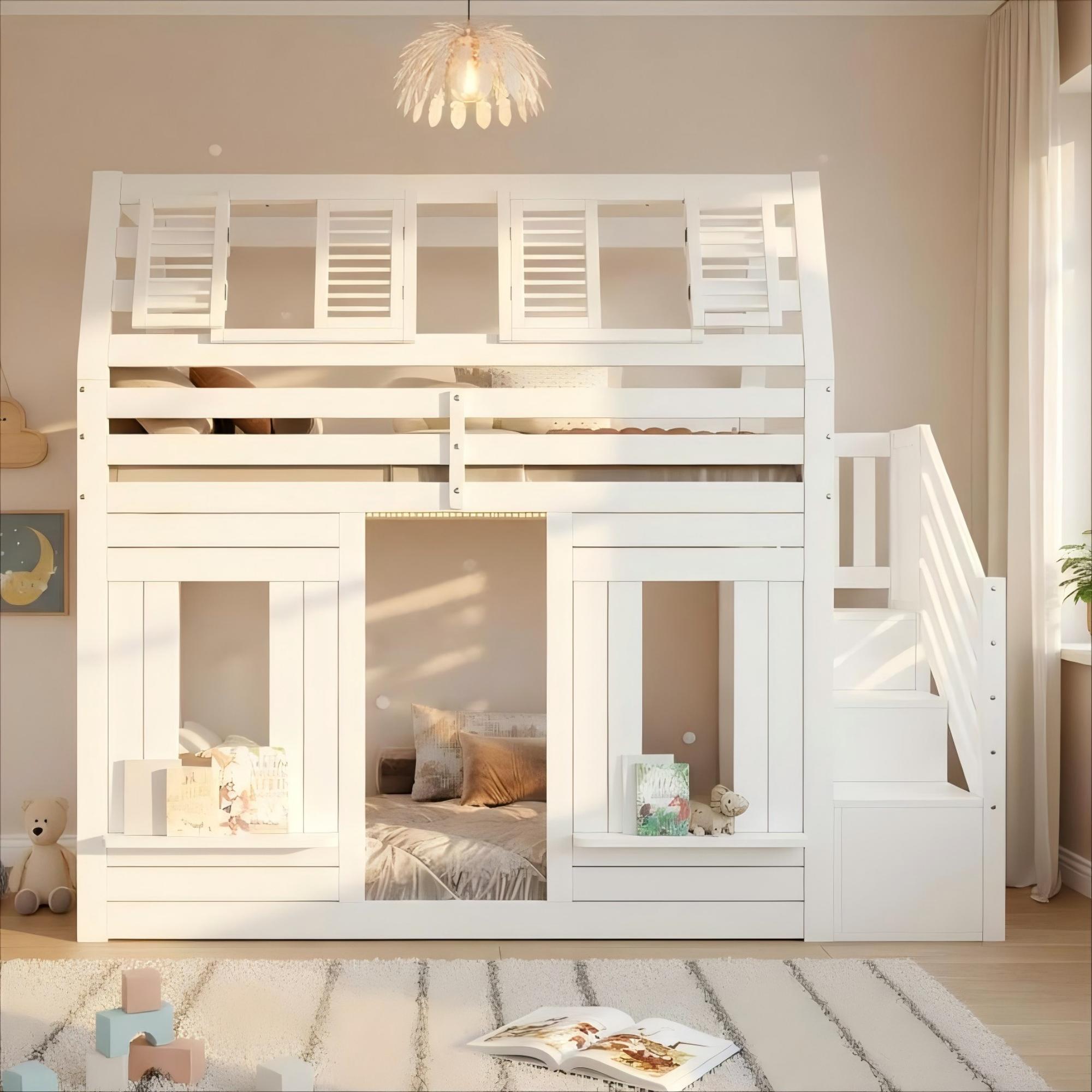 Bunk Bed, Loft Children's Wooden House 90x190cm With LED, Fall Protection — image 4