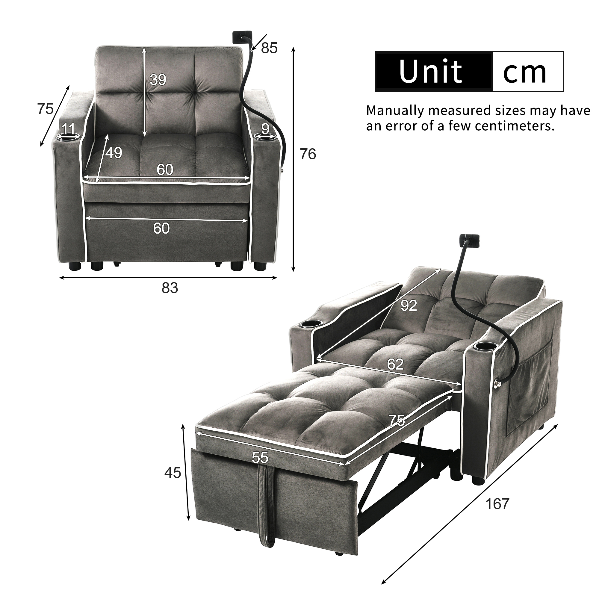 3-in-1 Expandable Single Sofa Bed With Drink Holders And Phone Holder — image 5