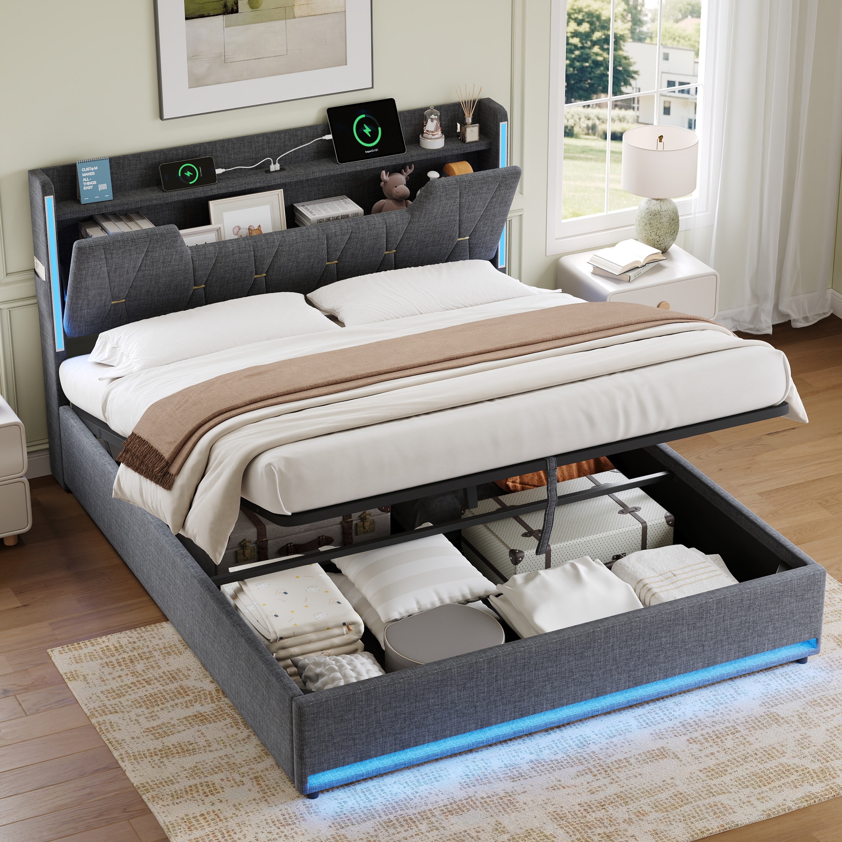 5ft King Upholstered Bed Frame With Hydraulic Storage, LED X-Shape Headboard — image 4