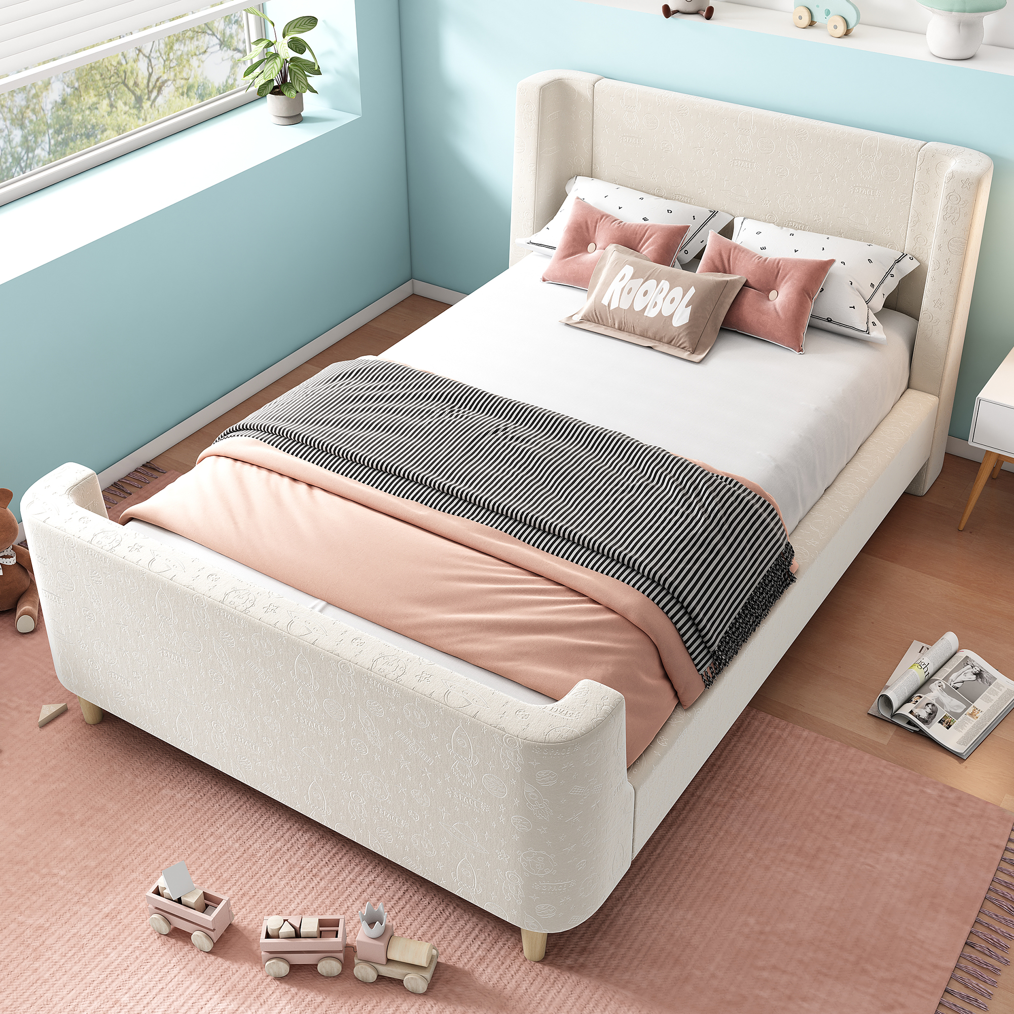 3FT Upholstered Bed, 90 X 190 Cm Single Bed With Cosmic Pattern, Sleigh-style Teen Bed, Bed Frame For Boys And Girls, Beige, Velvet Without Mattress product image