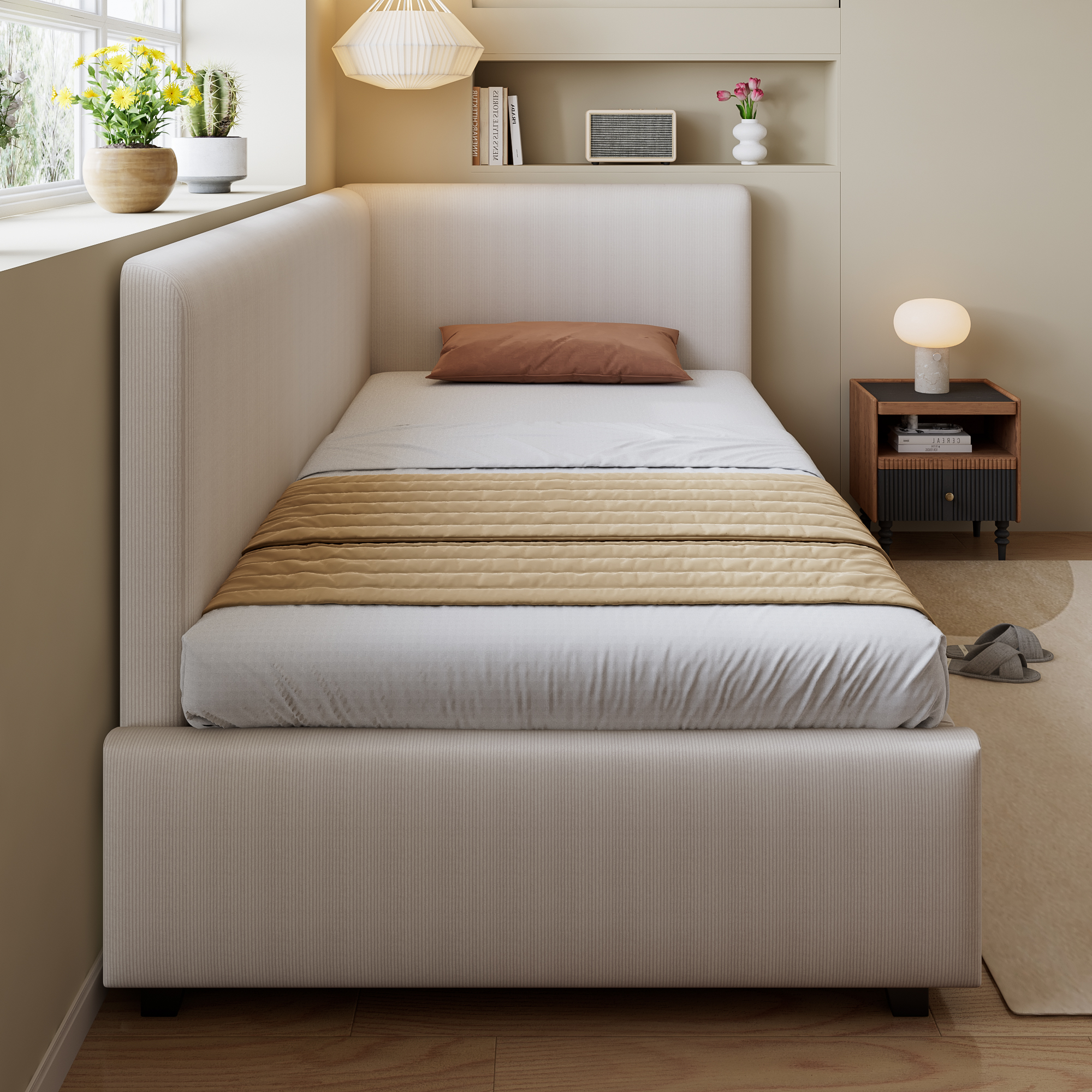 Upholstered Bed, 3ft Single 90x190cm, Modern Corduroy Youth With Wooden Slats — image 2