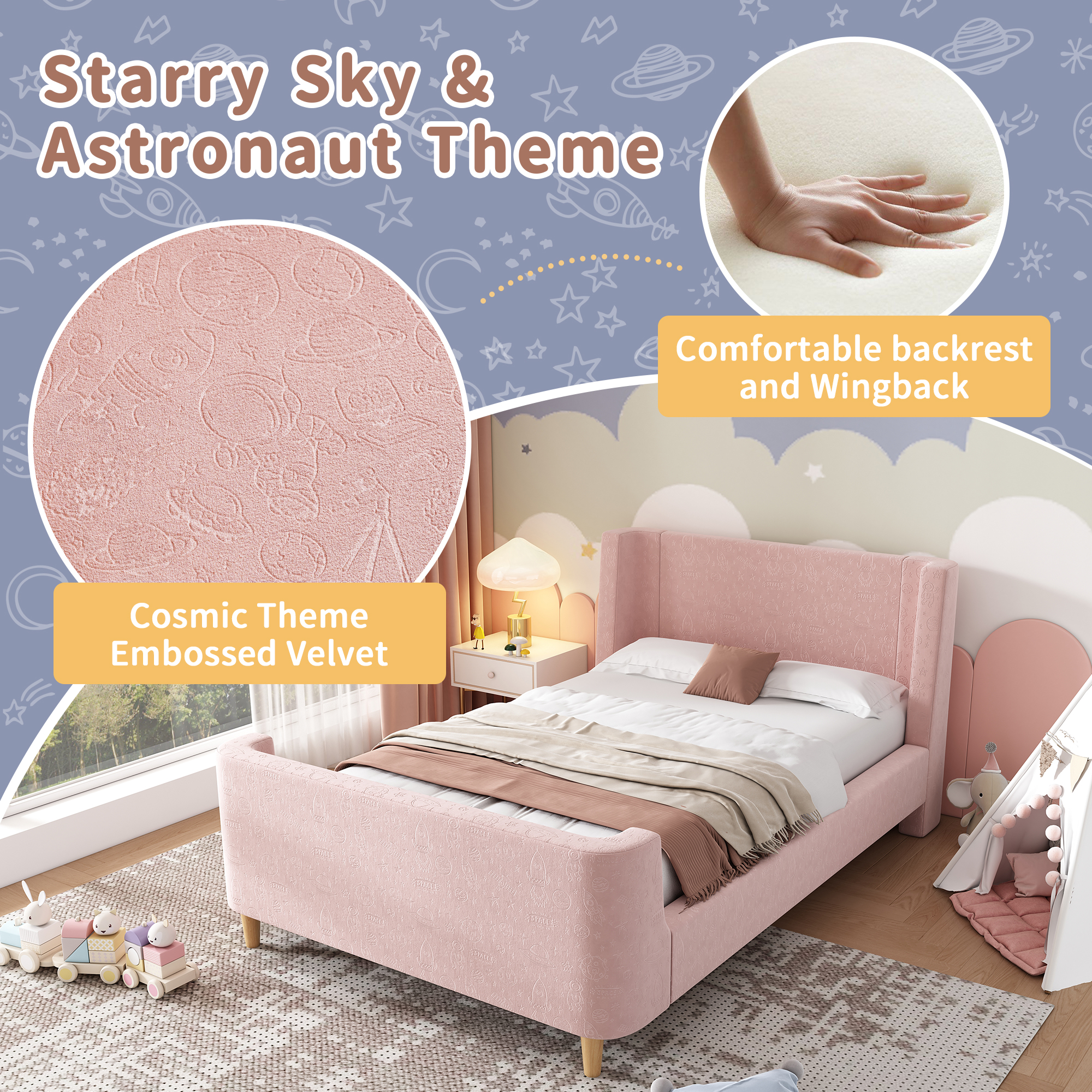 3FT Upholstered Bed, 90 X 190 Cm Single With Cosmic Pattern, Sleigh-style Teen — image 5