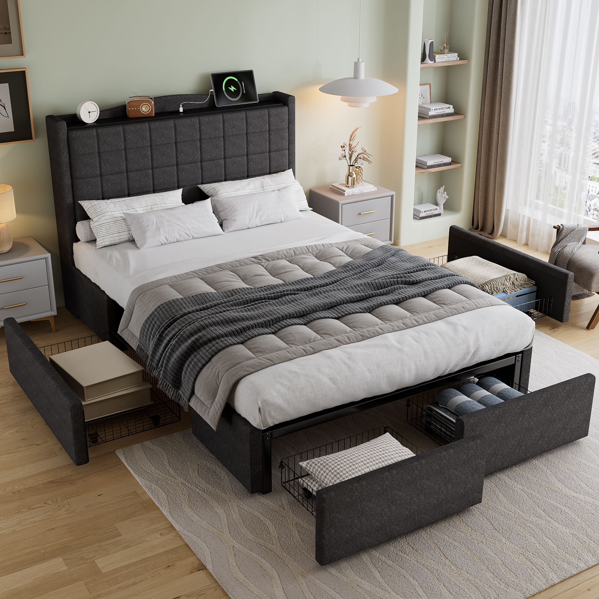 Upholstered Bed, 4ft6 Double Bed 135x190cm, Storage Bed, Soft Backrest, 4 Drawers With Pulleys, Metal Under-bed Bracket, With Bed Slats, Charging Port,For Adults & Teenagers, Linen, Grey No Mattress product image