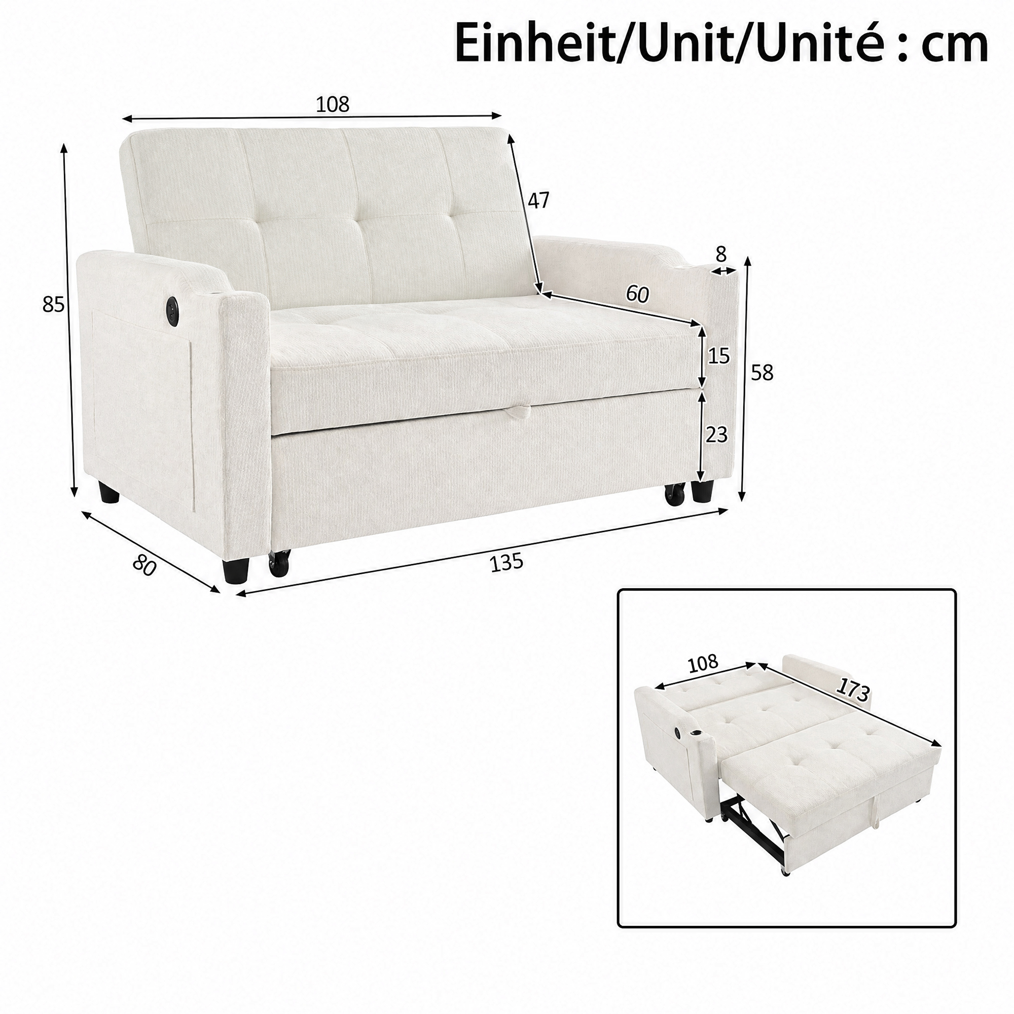 2 Seater Pull Out Sofa Bed, Sleeper Loveseat With Cup Holders, Convertible Fold — image 3