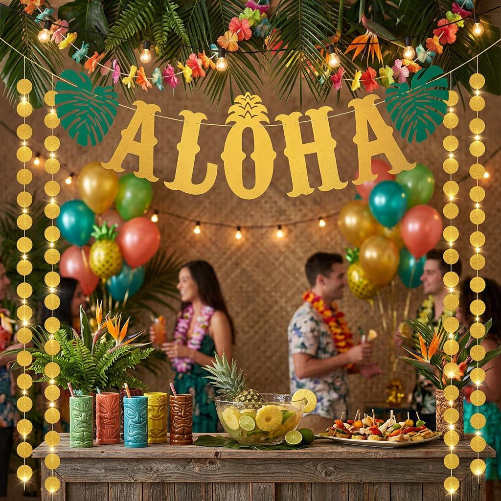 ALOHA Banner With Tropical Leaves & Hibiscus, Summery Hawaiian Party Decor For Beach Parties, Exotic Garland In Bright Colors For The Garden & Pool, V