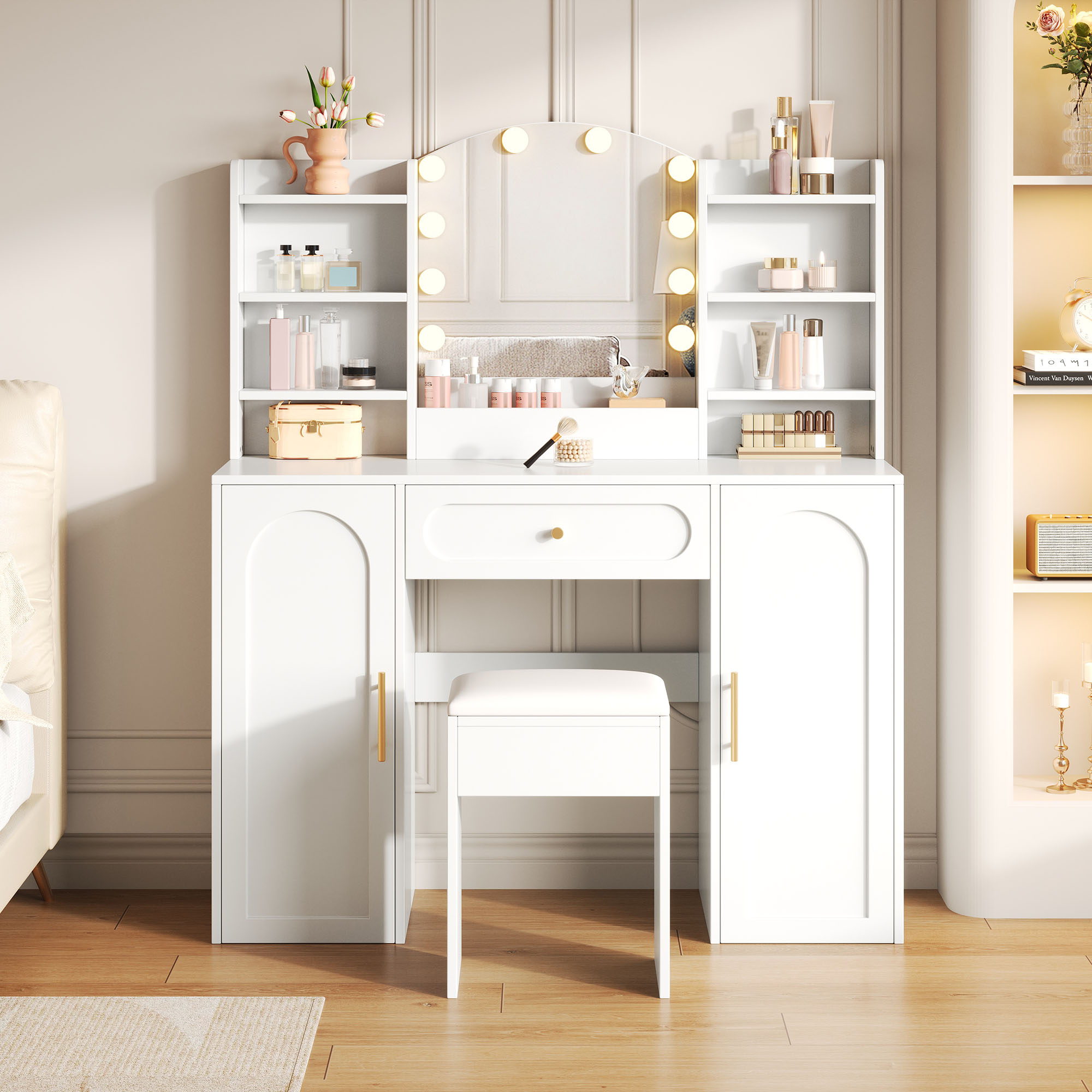 Vanity Table With Adjustable LED Lighting, Mirror And Stool, Featuring 1 Drawer — image 5