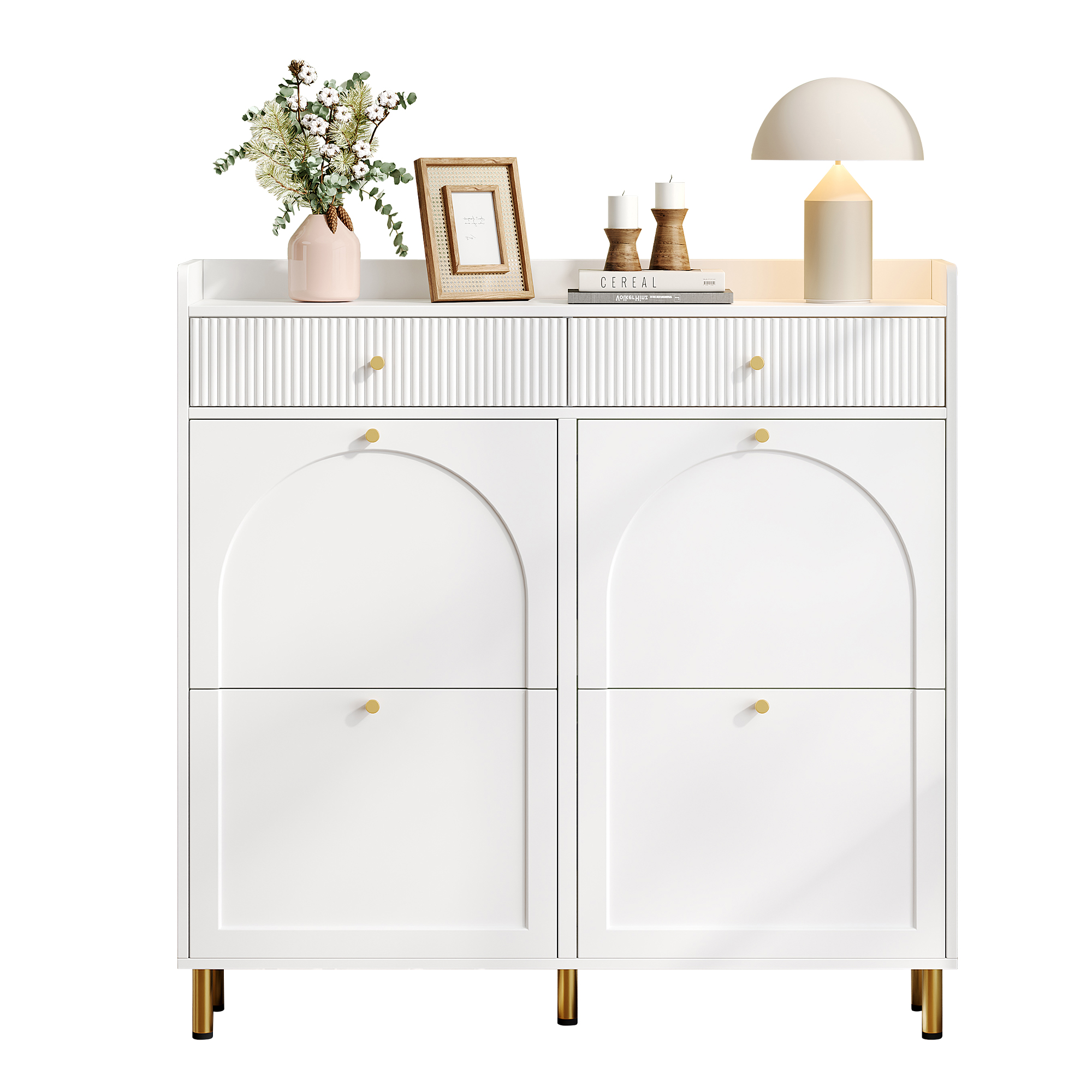 Narrow Shoe Cabinet With 4 Flip Doors And 2 Drawers, Adjustable Shelves, Metal Handles, Top Shelf For Organized Storage, Space-Saving Storage For 16-20 Pairs, White, 106.5 X 25 X 105.5 Cm product image