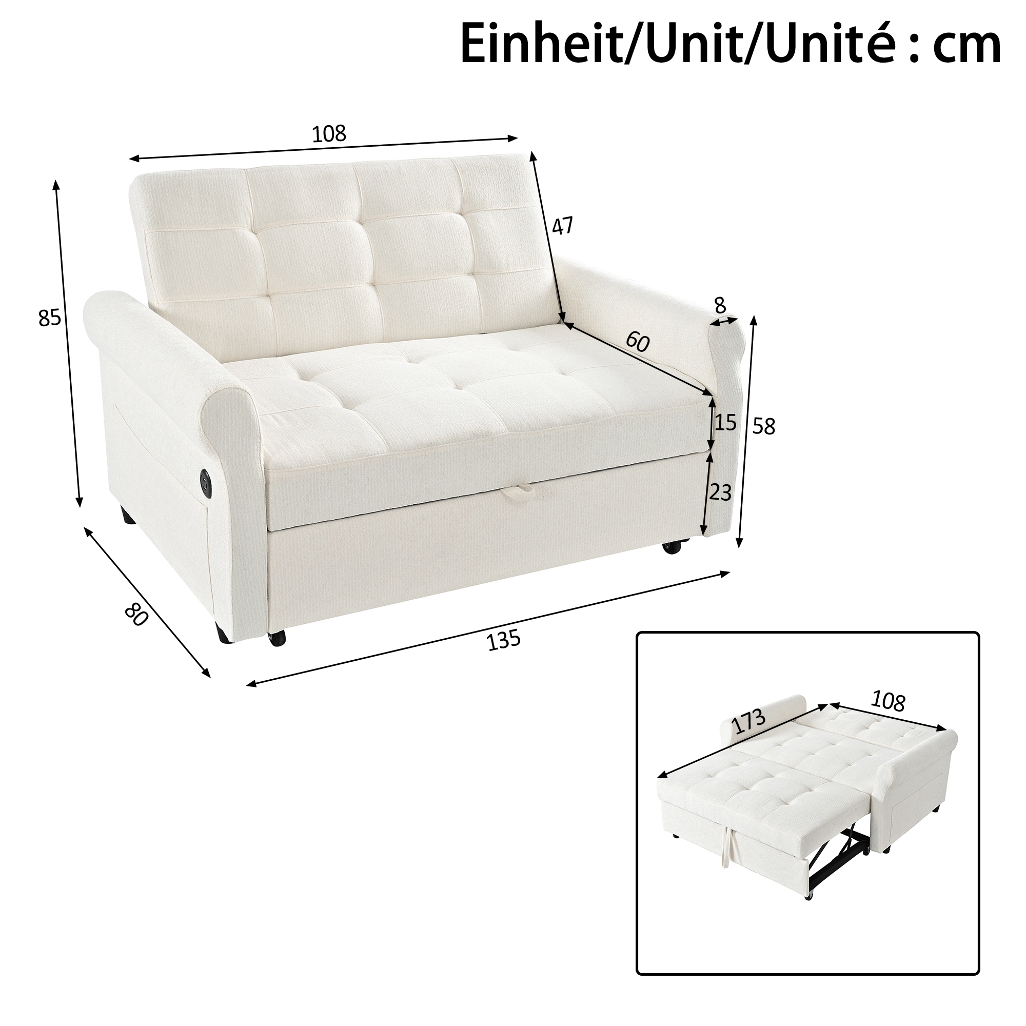 Convertible Pull Out Sofa Bed, 2 Seater Sleeper Loveseat With Side Storage — image 4