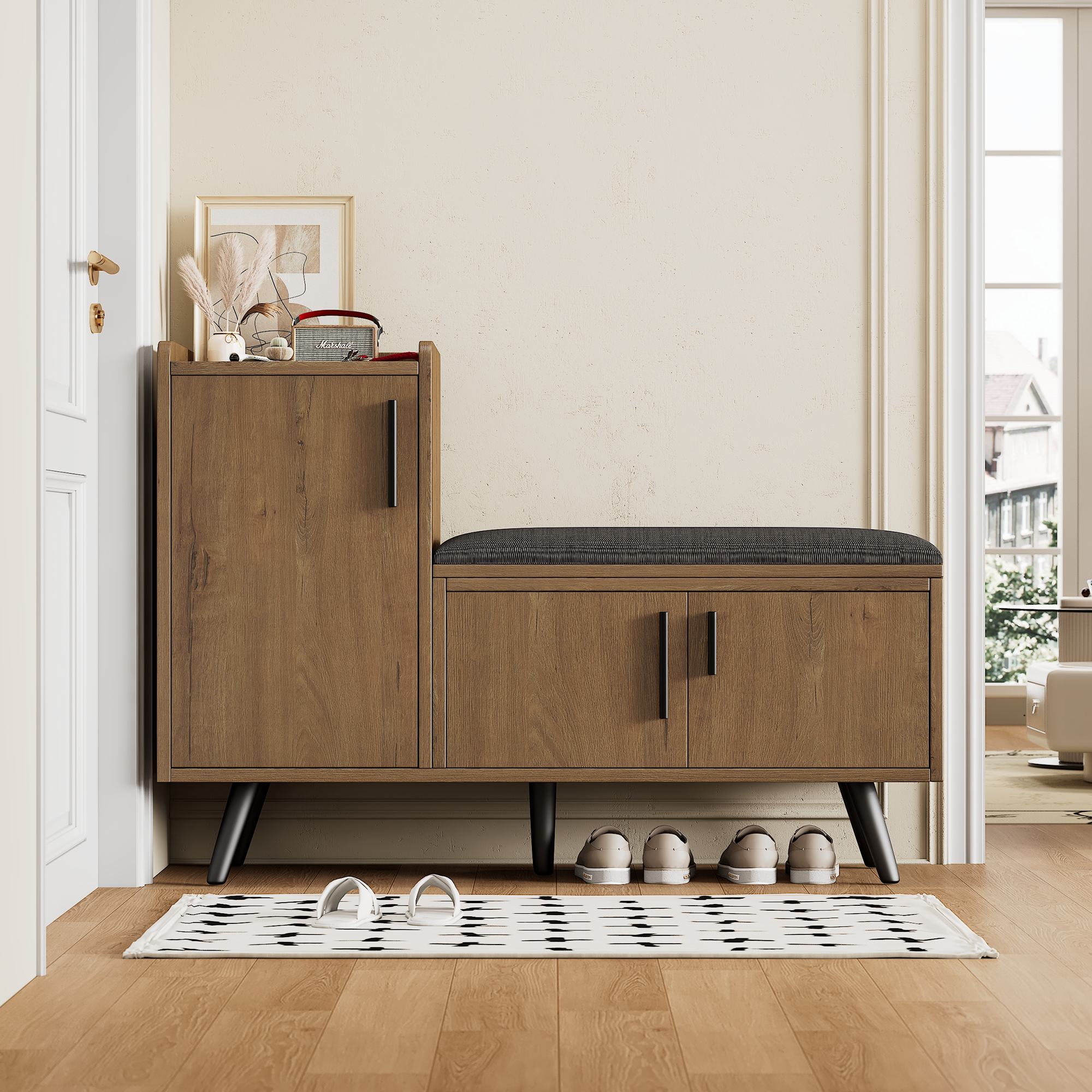 Modern Shoe Bench   Storage Cabinet, Adjustable Storage Space For Boots Or Heels, Asymmetrical Metal Handles, Natural, 100 X 34 X 69 Cm
