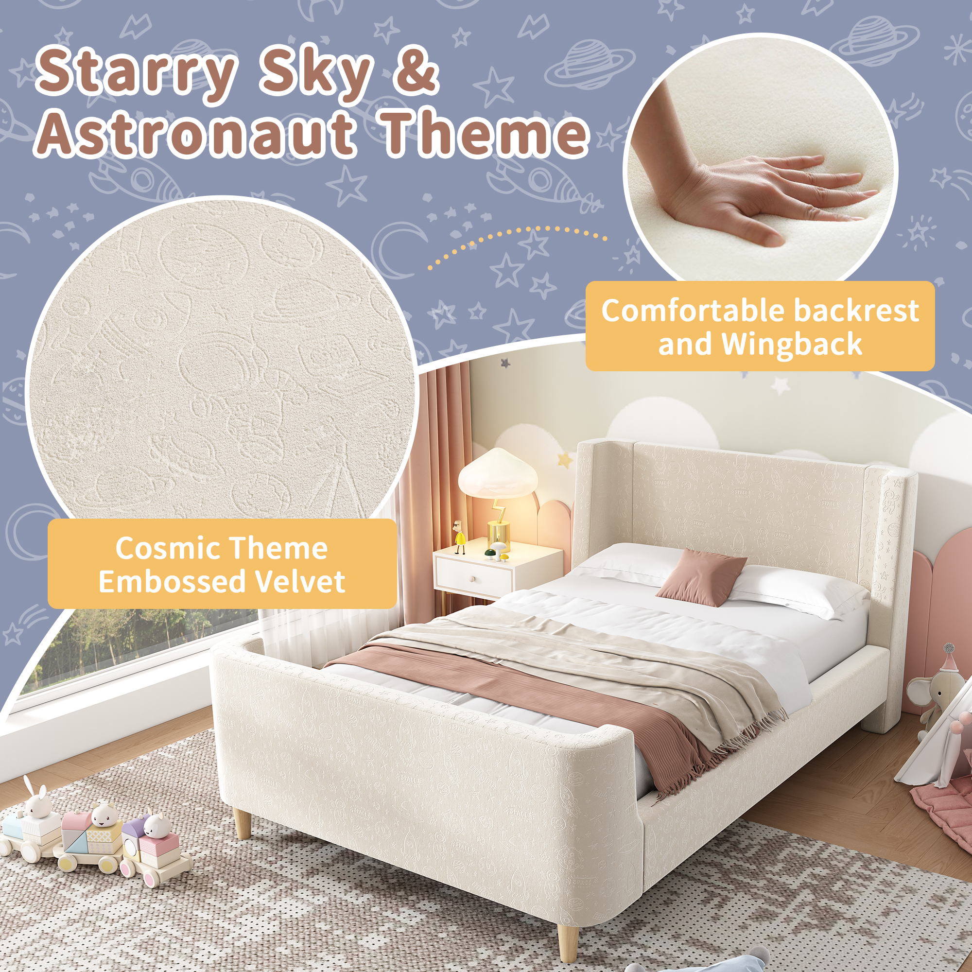 3FT Upholstered Bed, 90 X 190 Cm Single With Cosmic Pattern, Sleigh-style Teen — image 5