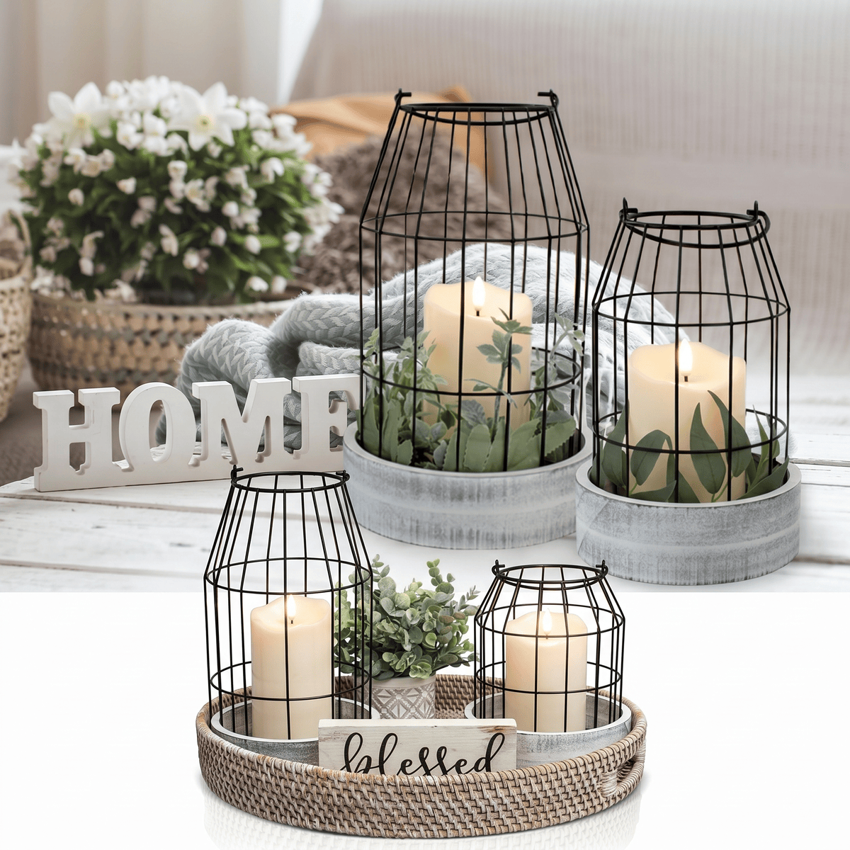 2-Piece Wrought Iron Candle Holder Set, Gray Vintage Table Decor For Fall And Christmas—Party Accessories Set