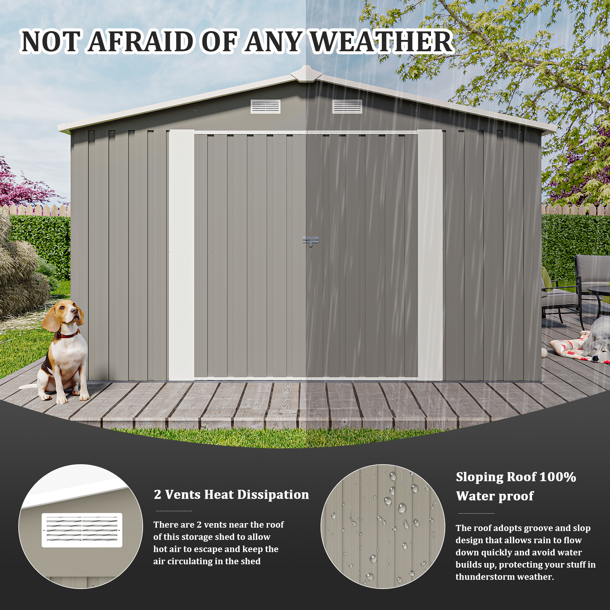 Campcraft  Outdoor Storage Shed 10x14 FT With 3 Lockable Doors,4 Air Vents & Sloped Roof,Utility Tool Shed Metal Storage Garden Sheds  Frame And 4 Vents,for Backyard,Patio,Lawn,Light Grey — foto 5