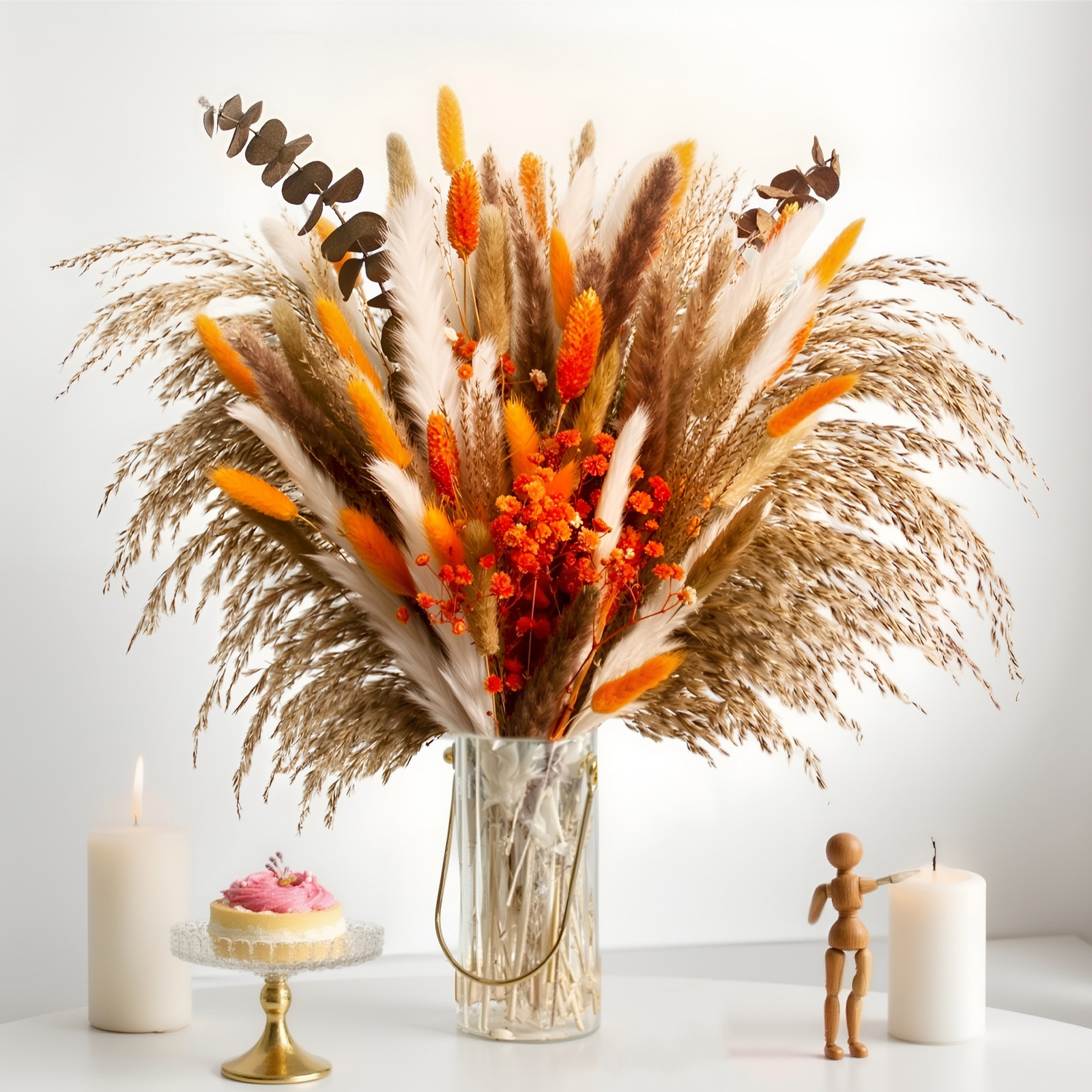 Orange-colored Bouquet Of Dried Flowers, 110 Pieces, Bohemian Floral Arrangement, Autumnal Interior Decor, Rustic Thanksgiving Table Decoration, Autum
