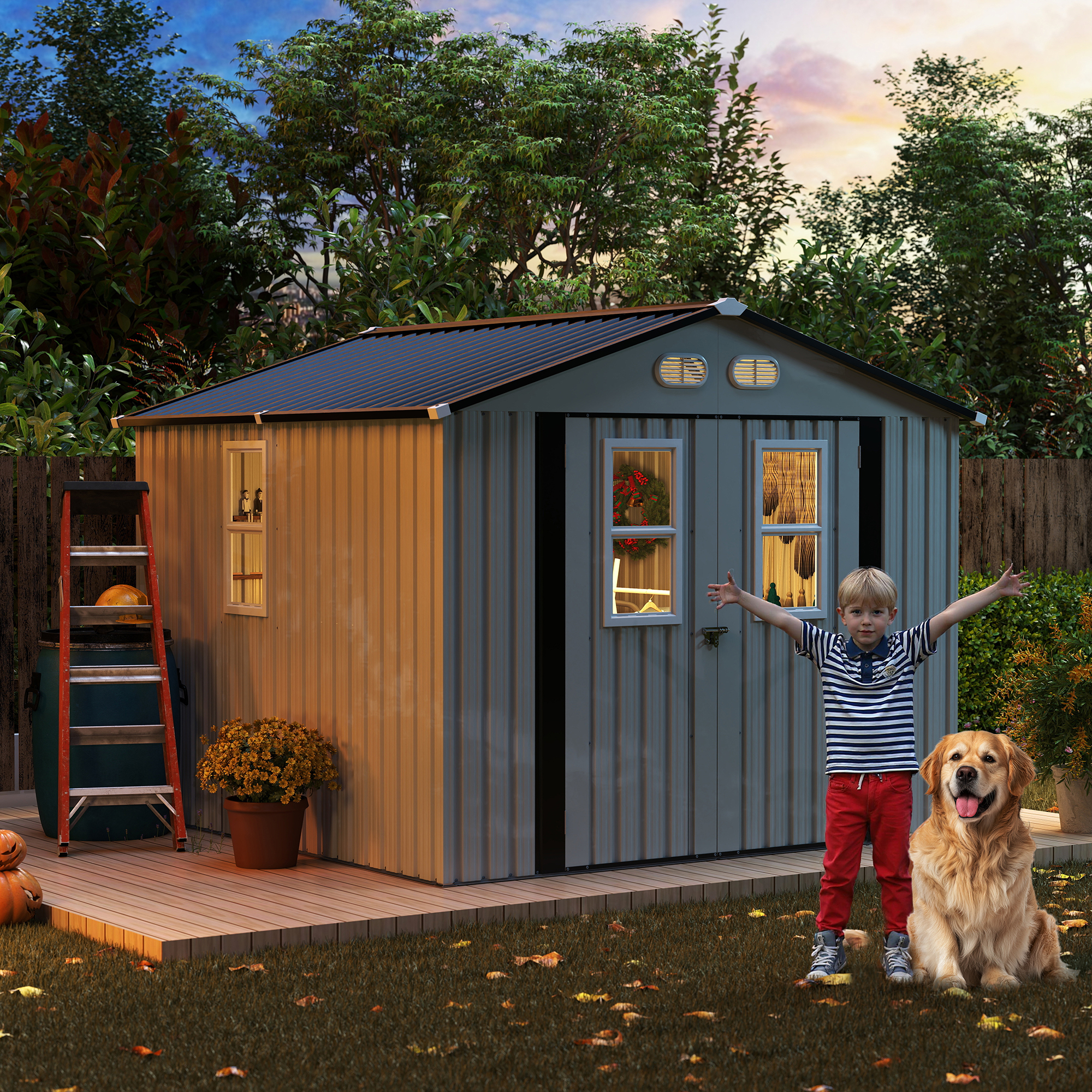 Outdoor Storage Shed, 8x8 Protective Film, Four Daylight Windows Lockable Doors,A Practical And Thoughtful Gift,two Colors Can Be Freely Selected White Storage Sheds