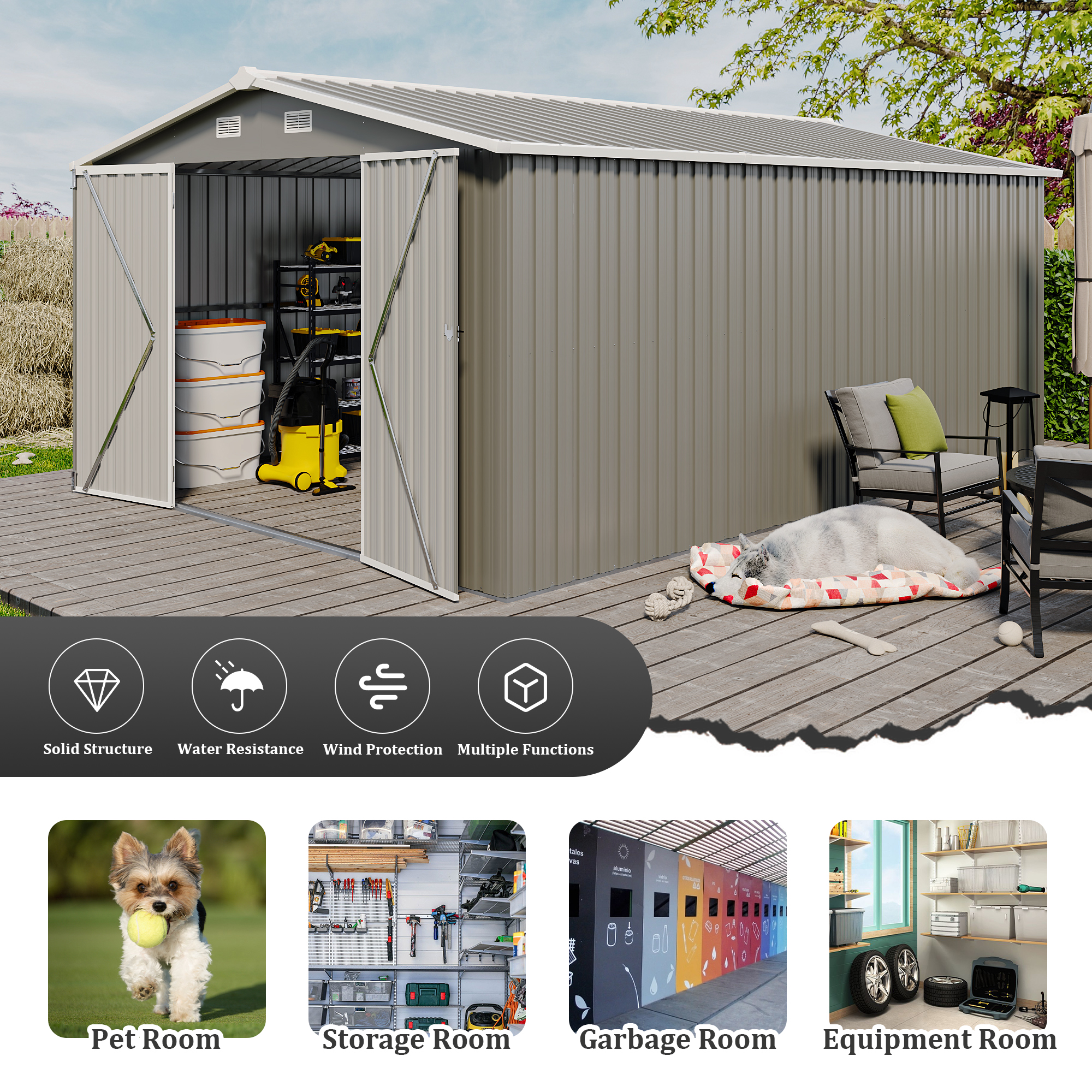 Campcraft  Outdoor Storage Shed 10x14 FT With 3 Lockable Doors,4 Air Vents & Sloped Roof,Utility Tool Shed Metal Storage Garden Sheds  Frame And 4 Vents,for Backyard,Patio,Lawn,Light Grey — foto 2