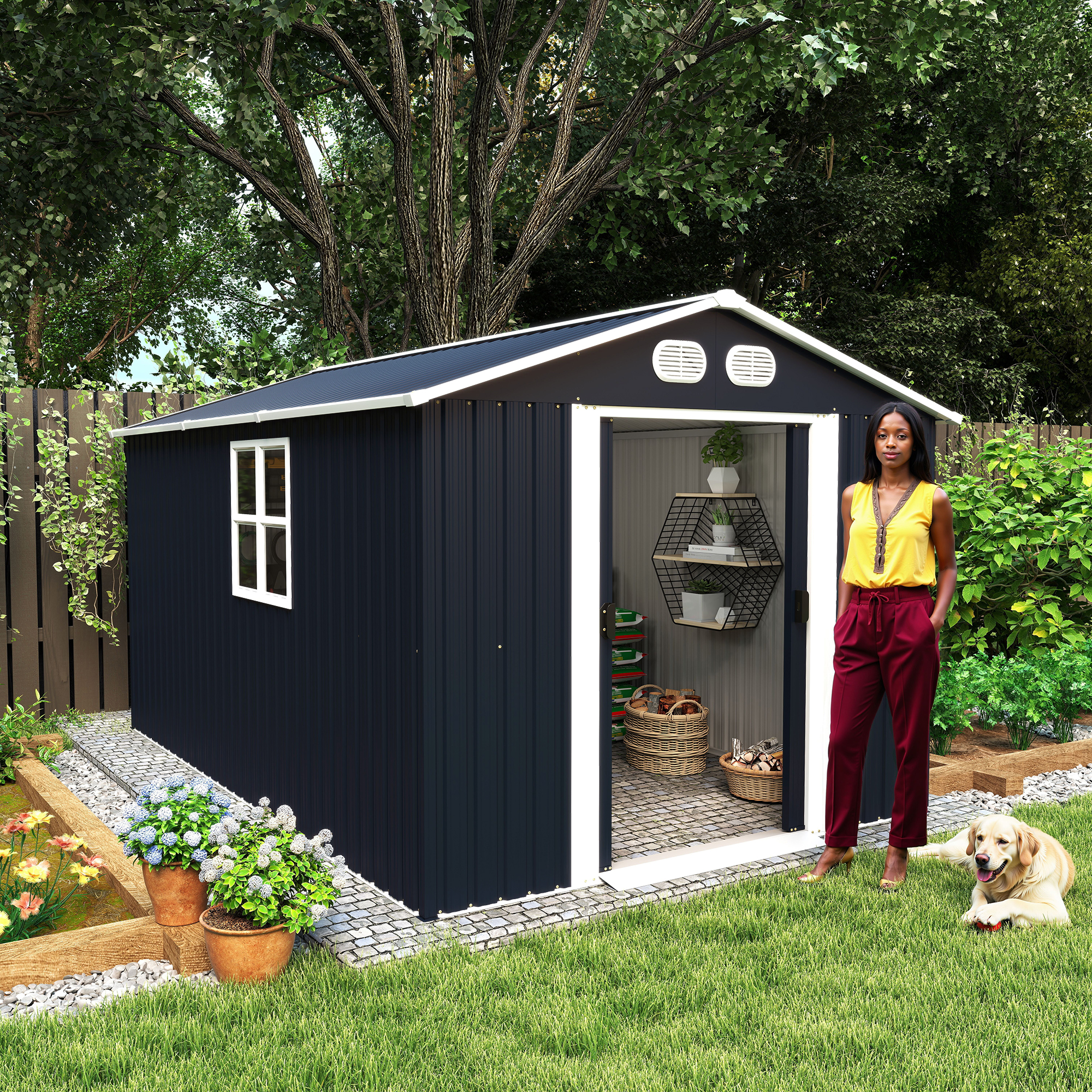 Campcraft 8x12 FT Outdoor Metal Storage Shed, Large Storage Sheds With Sturdy Frame Structure, Metal Garden Tool Shed With Lockable Door For Garden, Lawn, Backyard, Dark Gray
