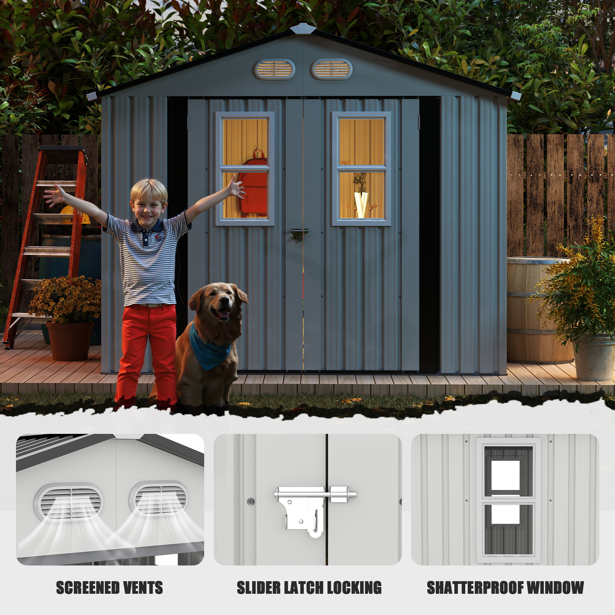 Outdoor Storage Shed, 8x8  Protective Film, Four Daylight Windows Lockable Doors,A Practical And Thoughtful Gift,two Colors Can Be Freely Selected White Storage Sheds — foto 2