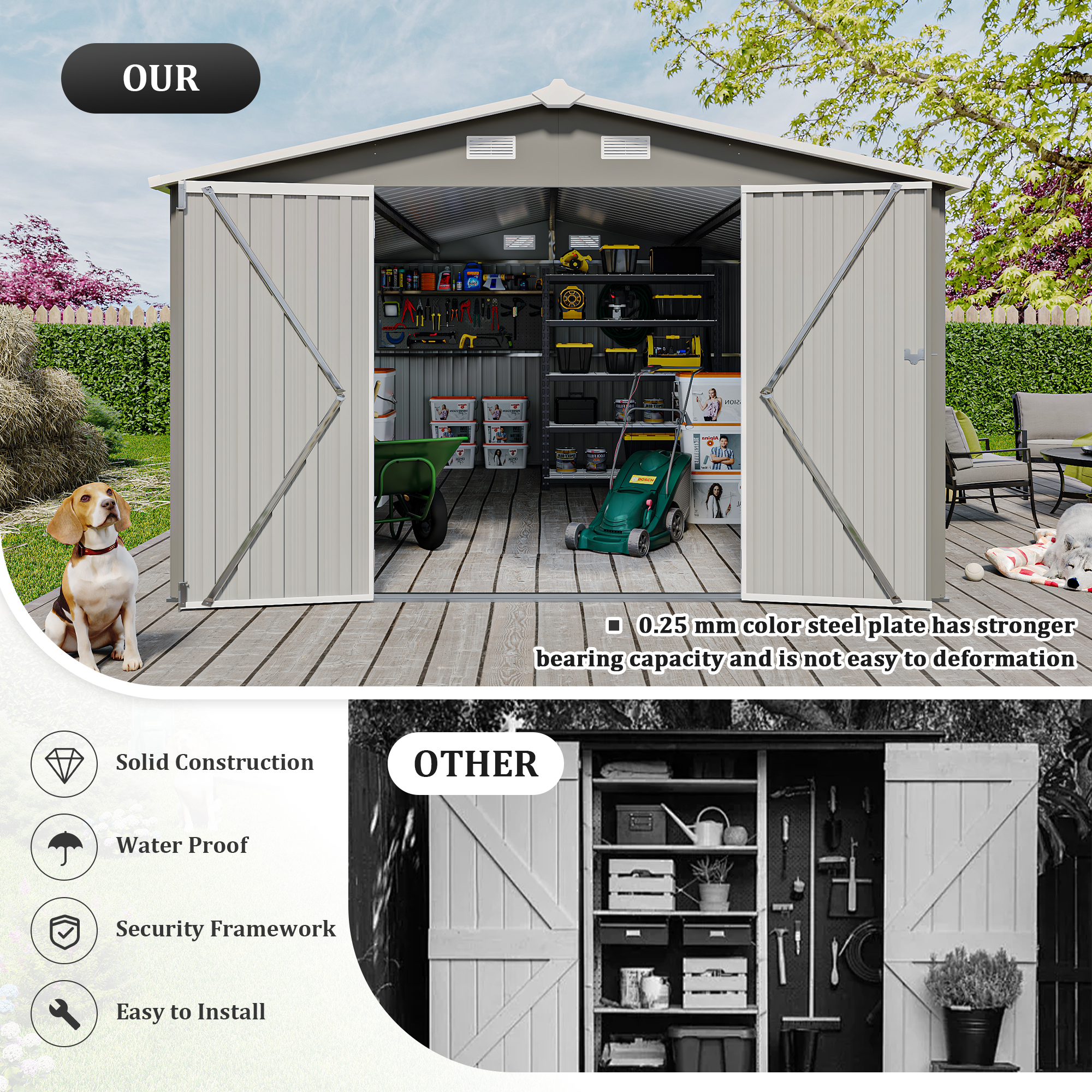 Campcraft  Outdoor Storage Shed 10x14 FT With 3 Lockable Doors,4 Air Vents & Sloped Roof,Utility Tool Shed Metal Storage Garden Sheds  Frame And 4 Vents,for Backyard,Patio,Lawn,Light Grey — foto 4