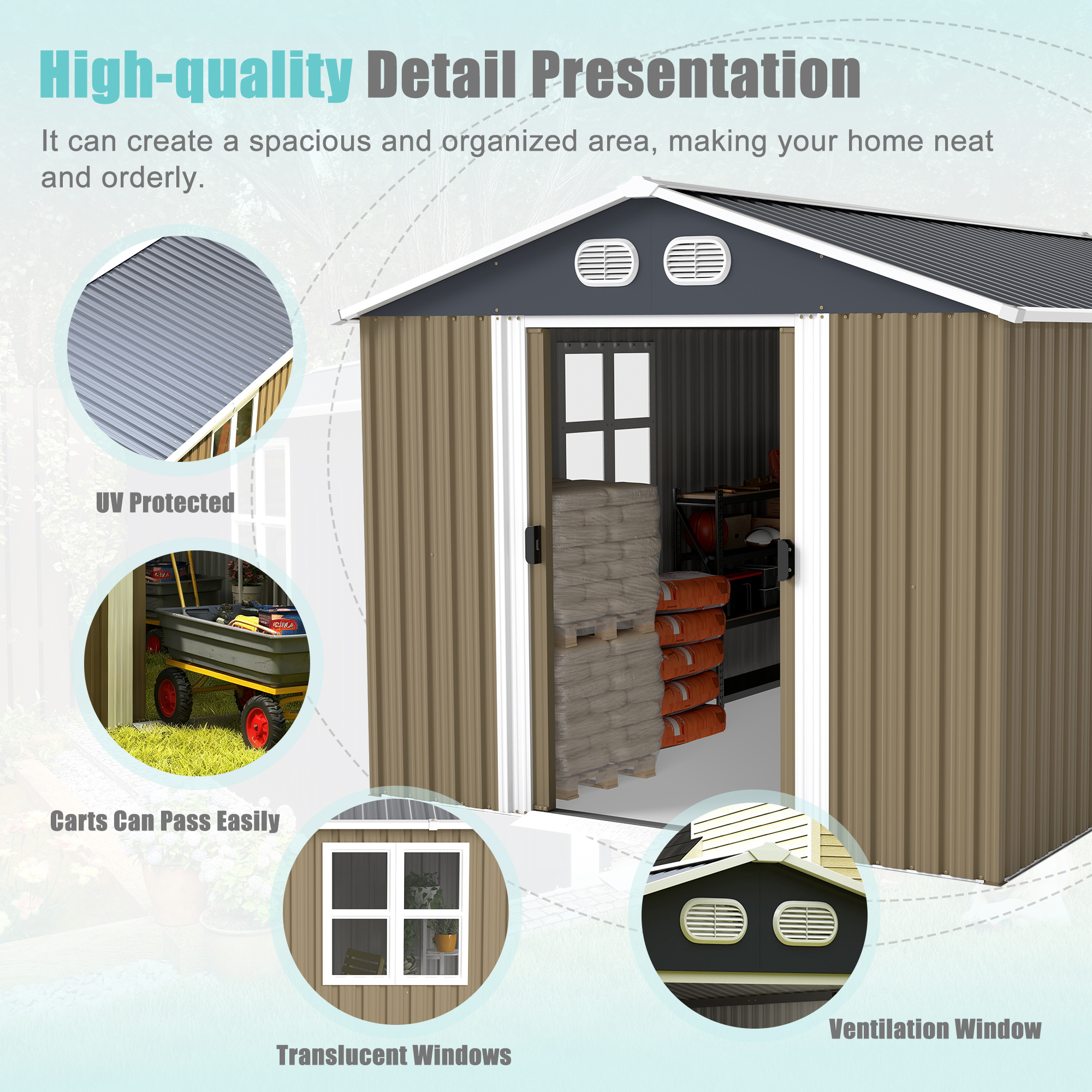 Campcraft 8x12 FT Outdoor Metal Storage Shed, Large Storage Sheds With Sturdy Frame Structure, Metal Garden Tool Shed With Lockable Door For Garden, Lawn, Backyard, Brown — foto 2