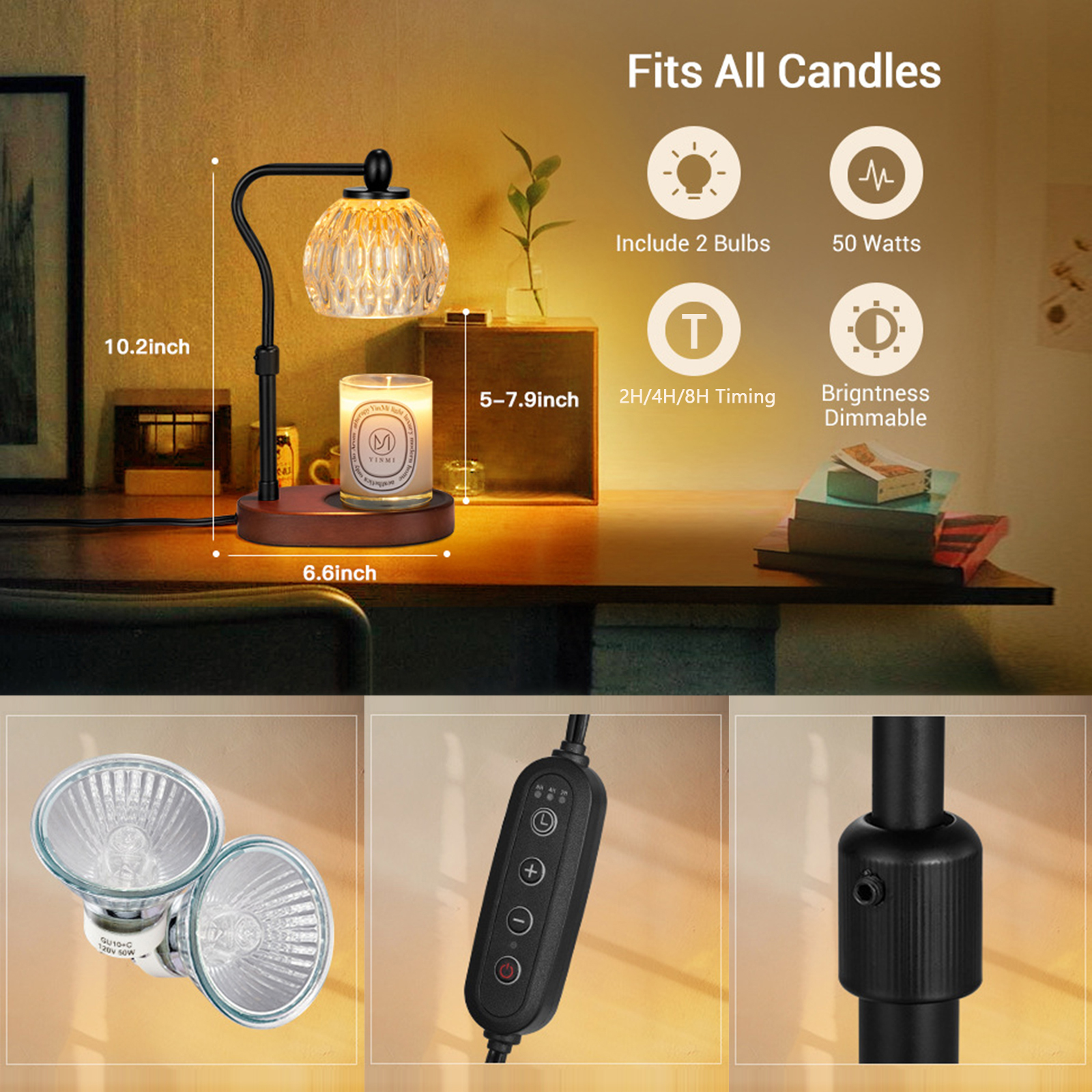 Dimmable Candle Warmer Lamp Scented Candles Wax Melting Lamp Smokeless Candle Essential Oil Melting Lantern With 2H/4H/8H Timer For Small Large Jar Aromatherapy Candle With 2 Light Bulbs — foto 3