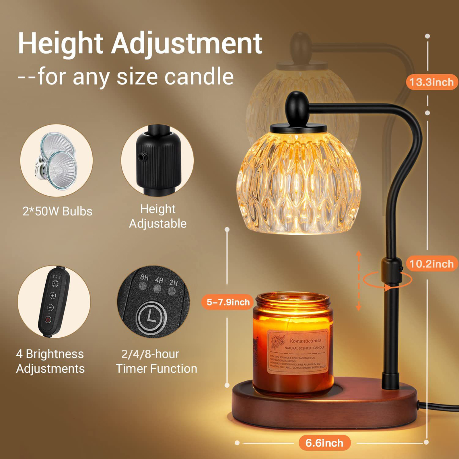 Dimmable Candle Warmer Lamp Scented Candles Wax Melting Lamp Smokeless Candle Essential Oil Melting Lantern With 2H/4H/8H Timer For Small Large Jar Aromatherapy Candle With 2 Light Bulbs — foto 5