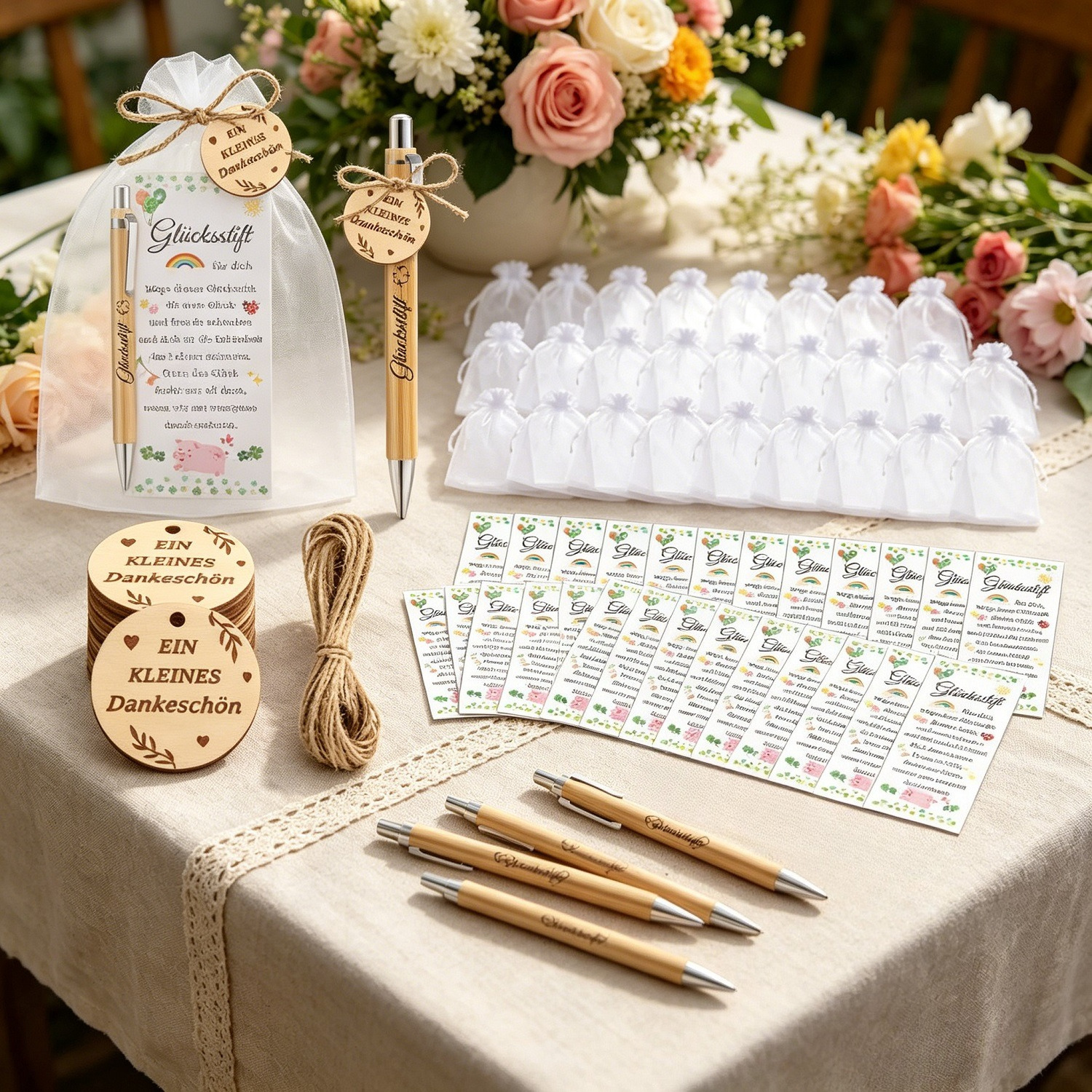 104-piece Farewell Gift Set, 26 “lucky” Pens, Cards, Wooden Tags, And A Bag With Raffia For Good Wishes—party Accessory Set