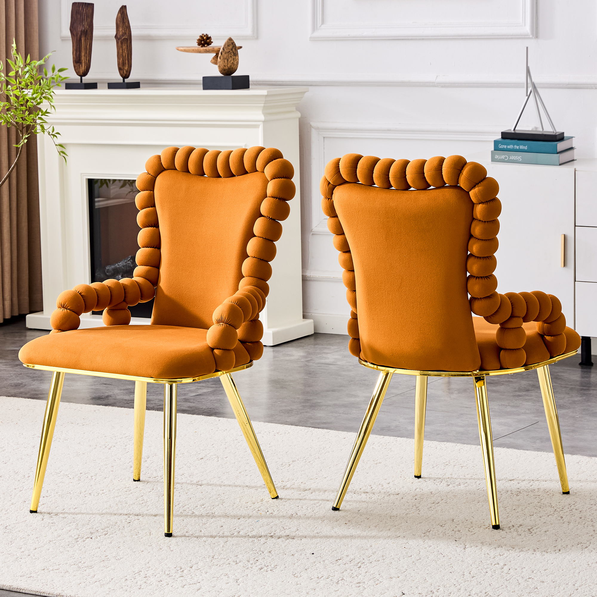 Set Of 2 Orange Puffy Bubble Chair Ball Chain Chair Velvet Dining Chairs With Gold Legs, Upholstered Accent Chairs With Armrests For Dining Room & Kitchen — foto 5