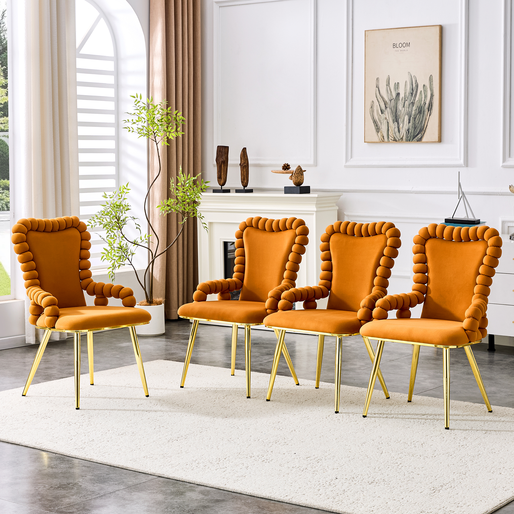 Set Of 2 Orange Puffy Bubble Chair Ball Chain Chair Velvet Dining Chairs With Gold Legs, Upholstered Accent Chairs With Armrests For Dining Room & Kitchen — foto 3