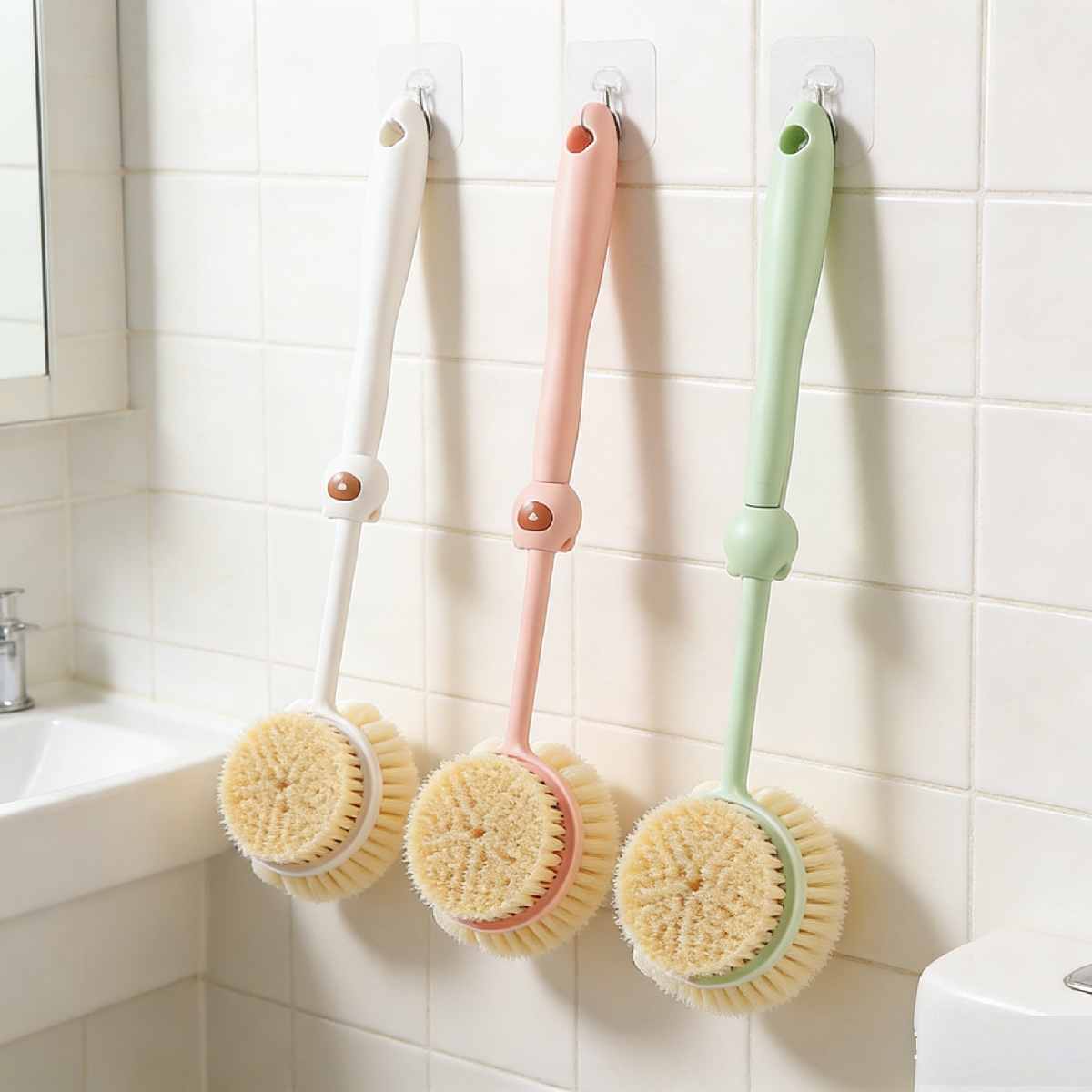 Shower Brush 3-Piece Set, Long Shower Brush With Soft Bristles, Double-Sided Body Brush In White, Pink, And Green, Back Brush For Gentle Body Exfoliation—Party Accessory Set