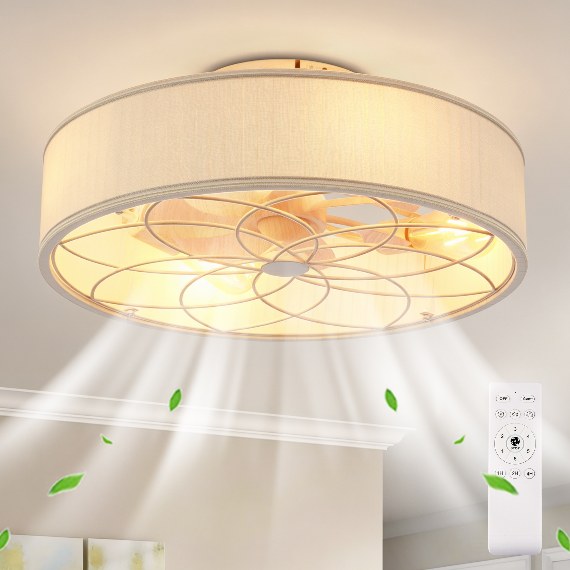 20 Fabric Farmhouse Bladeless Ceiling Fan With Remote Control For Living Room, Bedroom,Kitchen--NOT INCLUDED BULBS--Matte White