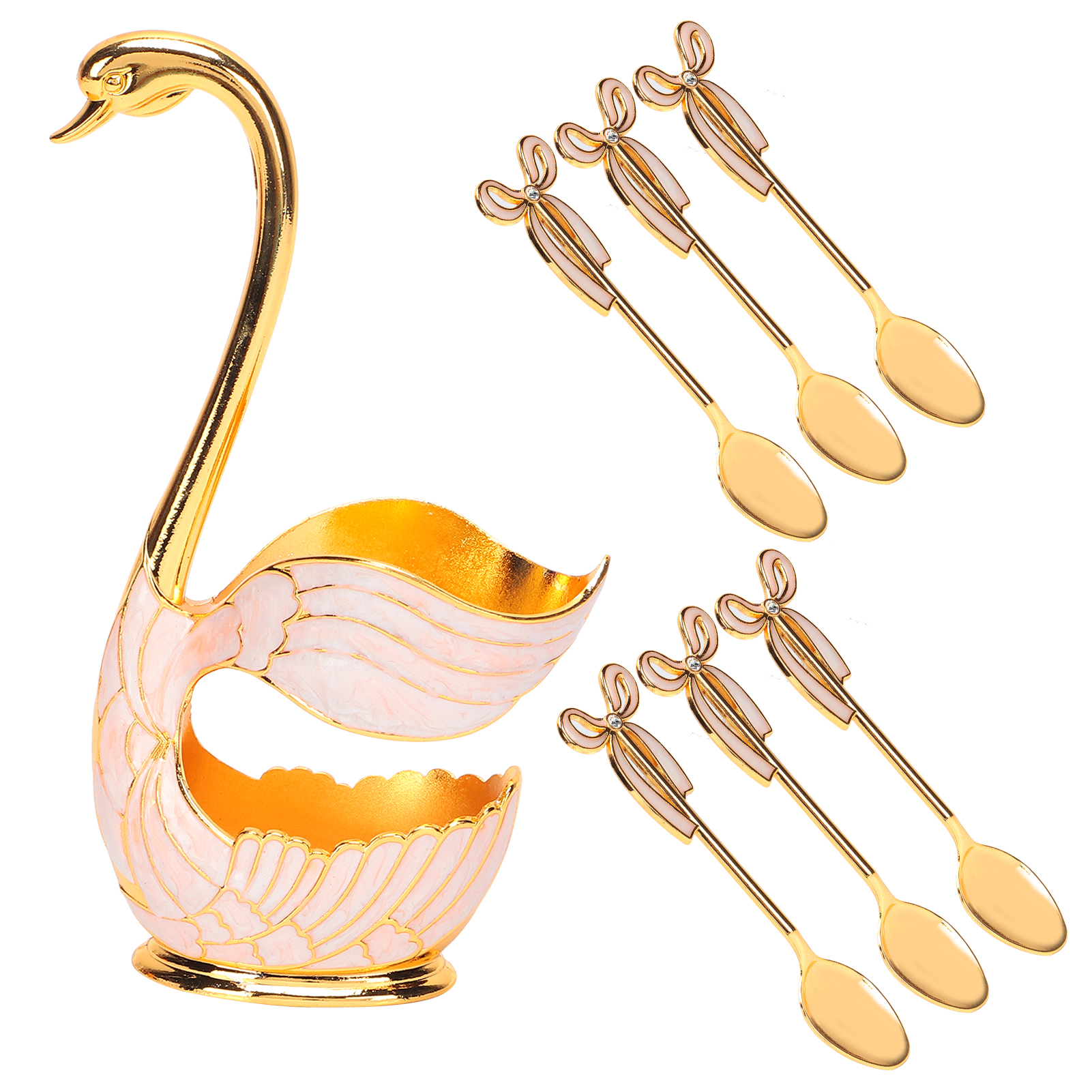 Tableware Sets Coffee Fruit Dessert Spoons Household Tableware With Swan Holder Decoration(Golden White Spoon )