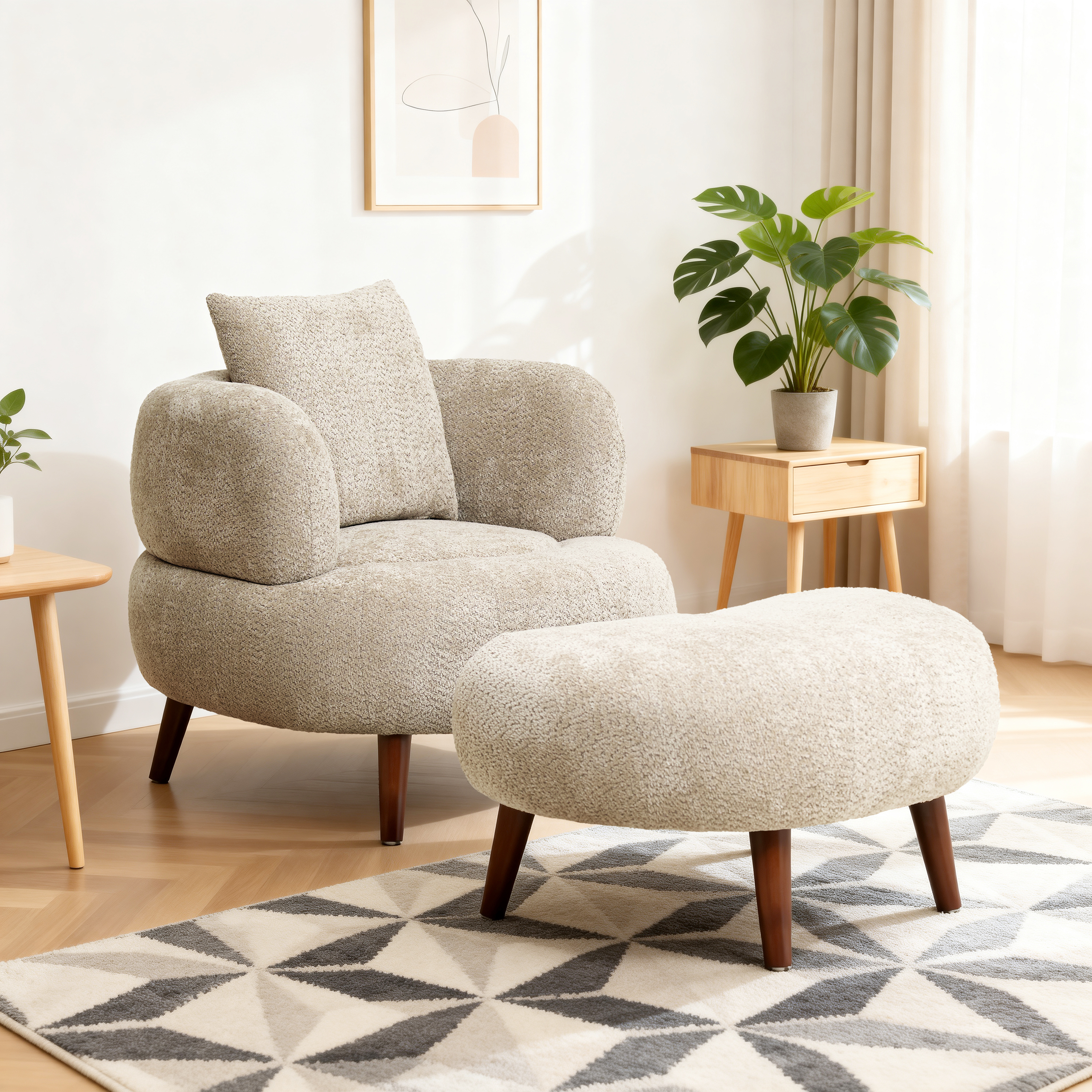 Nordic Style Lazy-Style Clubchair  36 Inches Chenille Fabric Bucket Chair  Decorative Chair  Soft Cushion With Pillow  With Ottoman  For Living Room  Study And Relaxation Room  Camel — foto 3