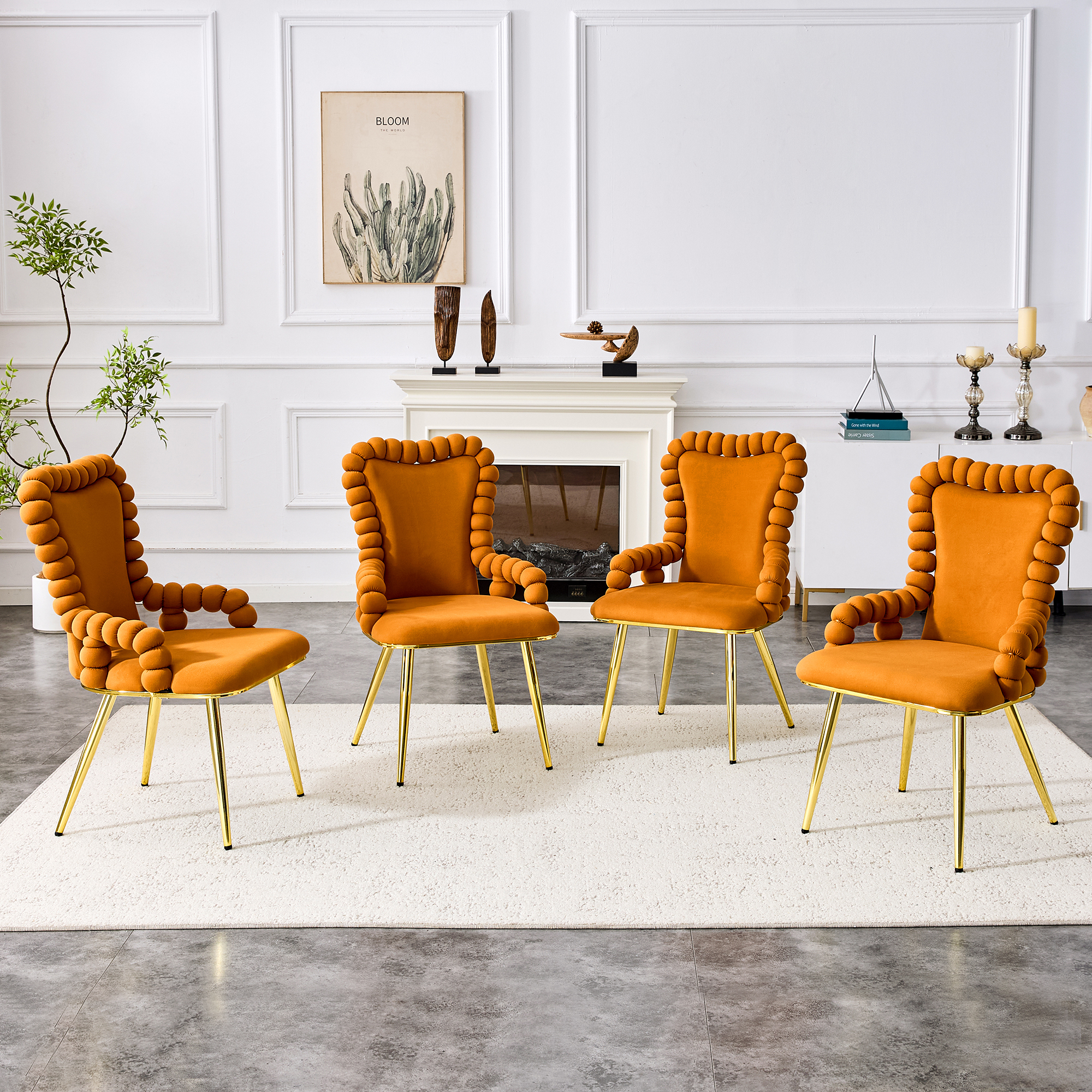 Set Of 2 Orange Puffy Bubble Chair Ball Chain Chair Velvet Dining Chairs With Gold Legs, Upholstered Accent Chairs With Armrests For Dining Room & Kitchen — foto 4
