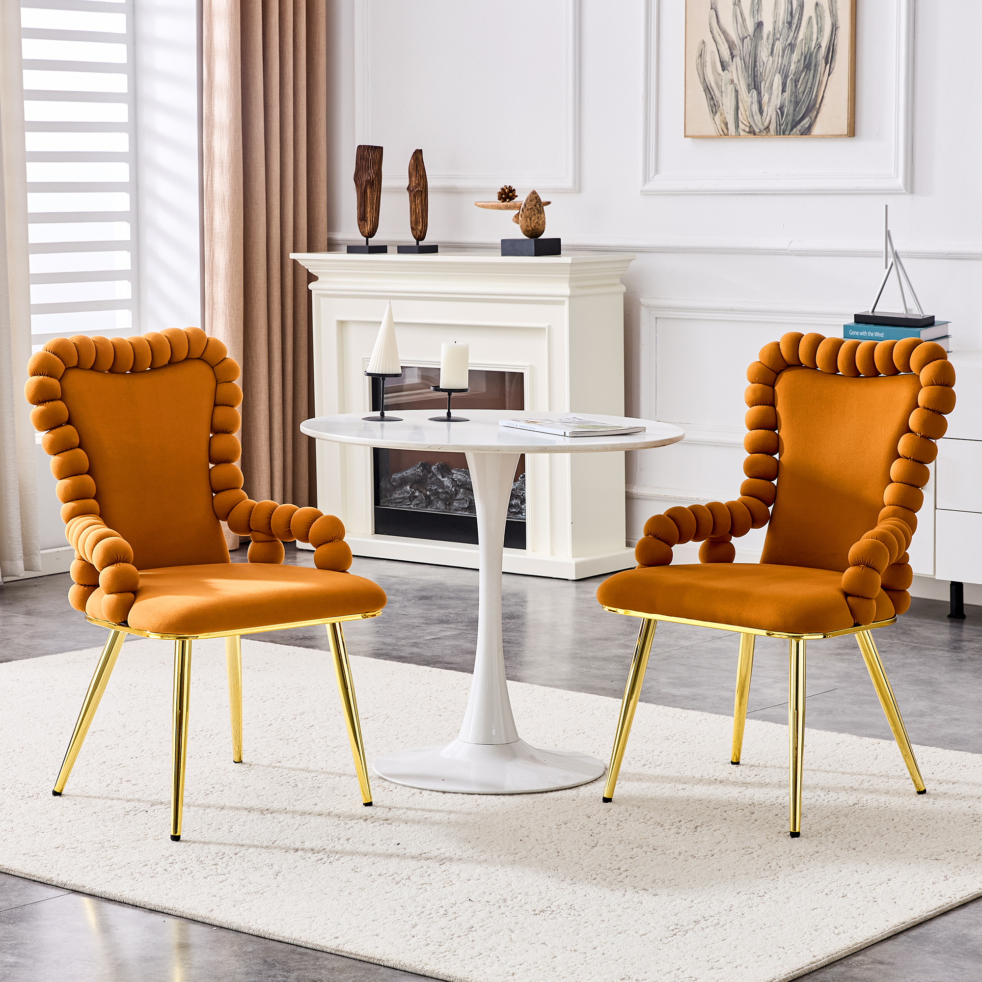 Set Of 2 Orange Puffy Bubble Chair Ball Chain Chair Velvet Dining Chairs With Gold Legs, Upholstered Accent Chairs With Armrests For Dining Room & Kitchen — foto 2