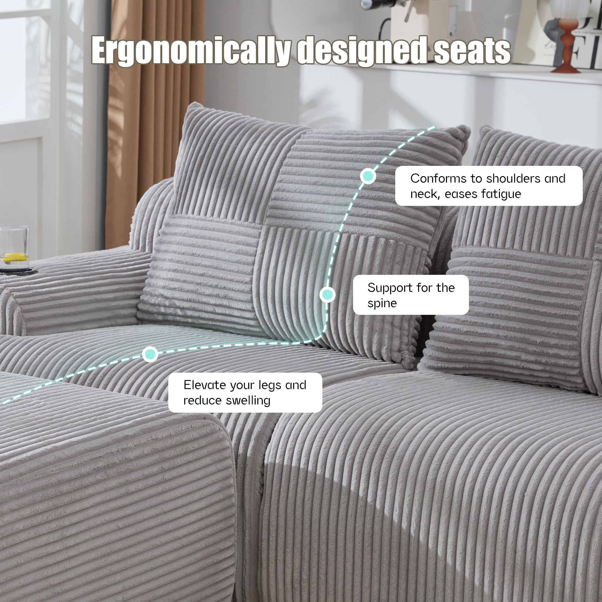 Modular 2-Seater Corduroy Sofa With Ottomans, Freely Configurable Set Cup — image 4