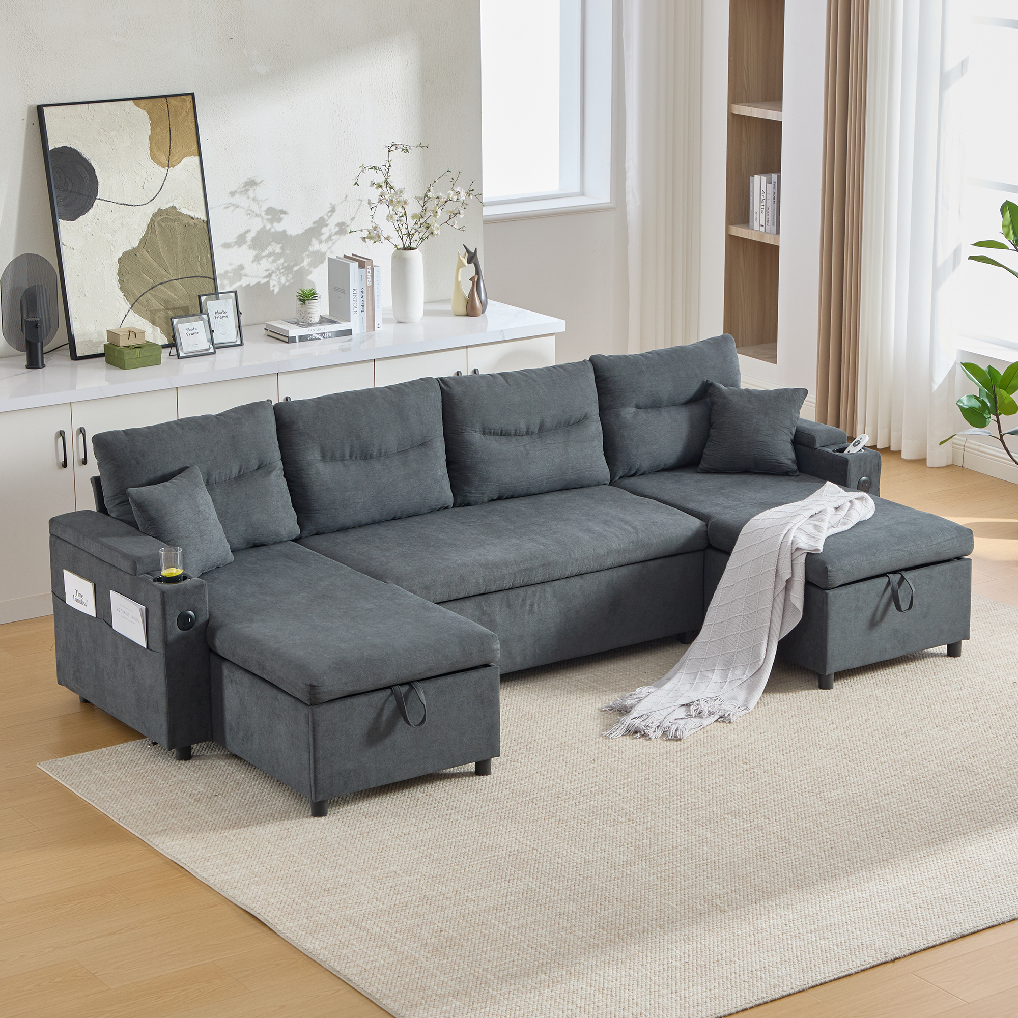 Contemporary 4-seater Fabric Sofa Featuring Dual Chaise Lounges, Hidden — image 2