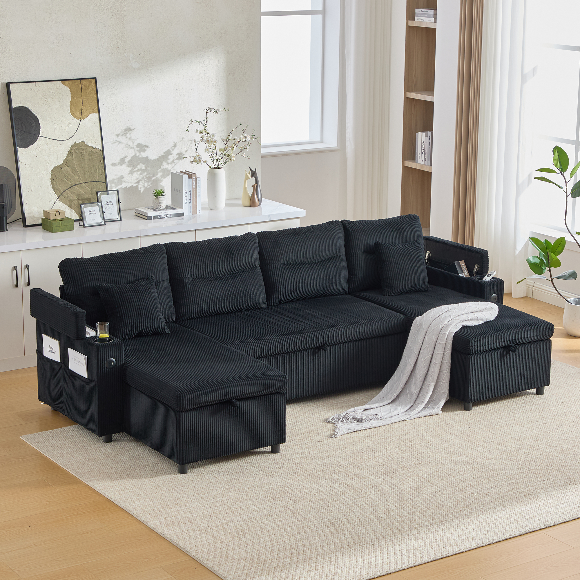 Contemporary 4-seater Corduroy Sofa With Dual Chaise Lounges, Hidden Storage — image 4