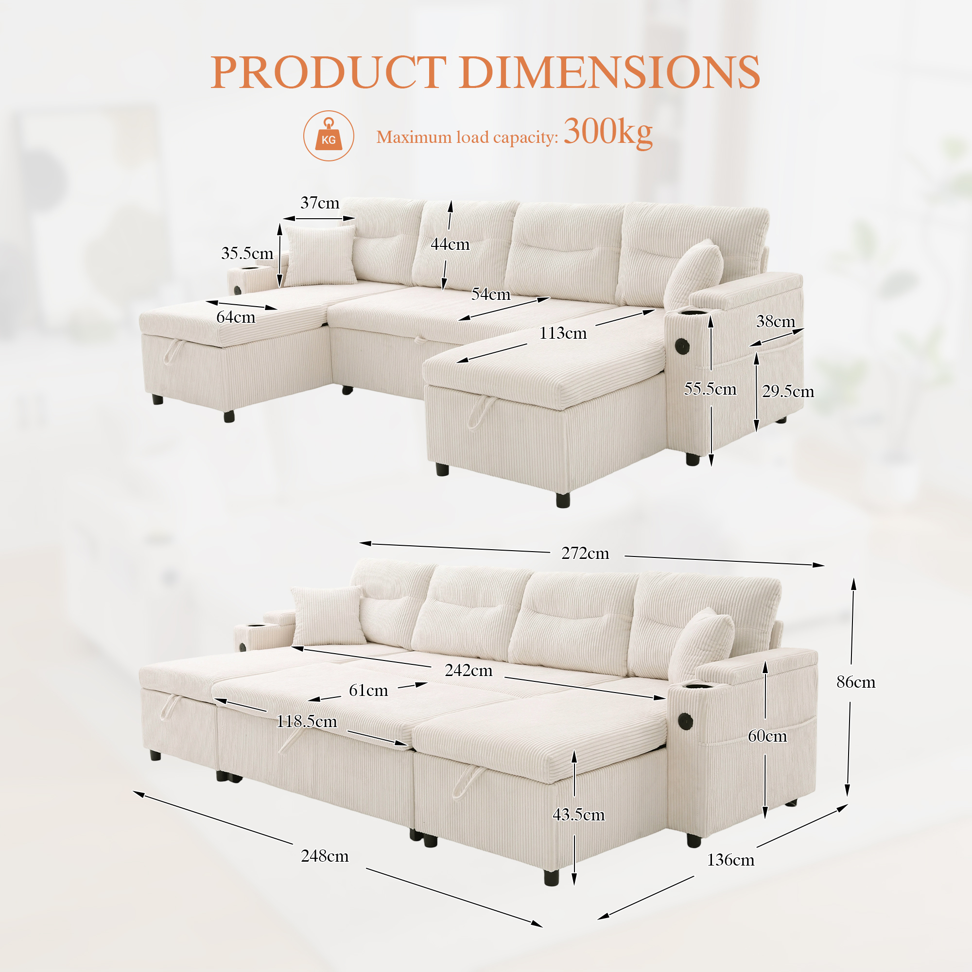 Contemporary 4-seater Corduroy Sofa With Dual Chaise Lounges, Hidden Storage — image 2