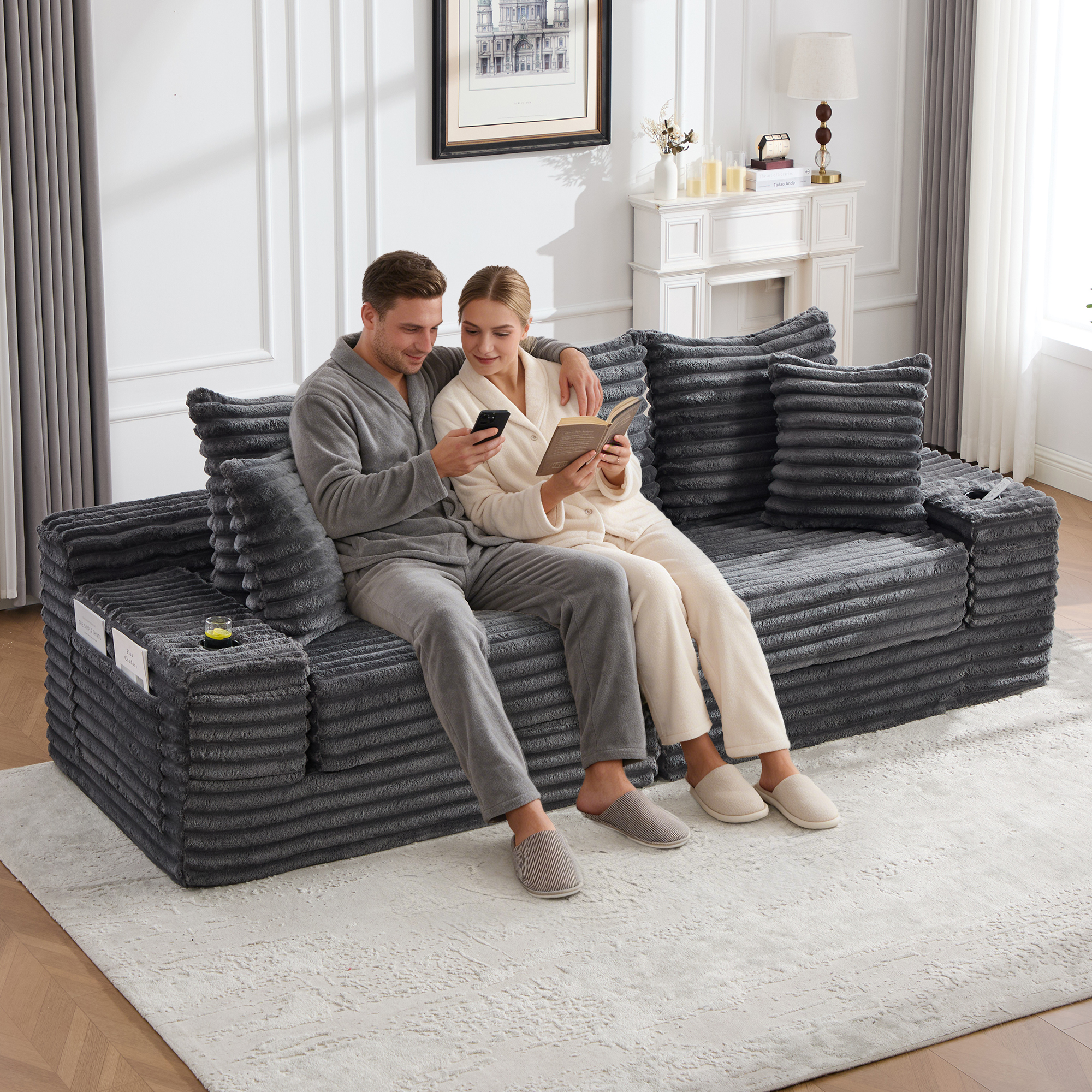 Corduroy Sofa With Compressed Seat Design, High Backrest & Pillow, Side Pockets — image 5