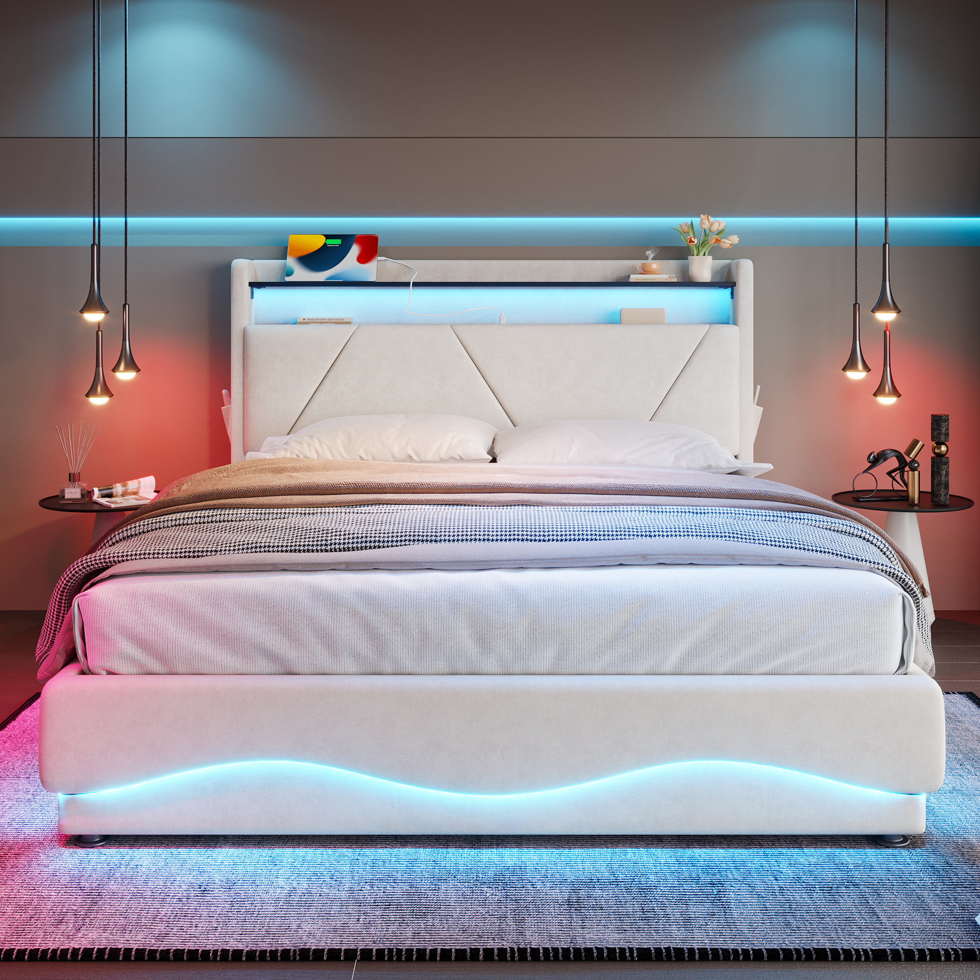 Modern Upholstered Bed Headboard With LED Lighting And Shelving Surfaces — image 4