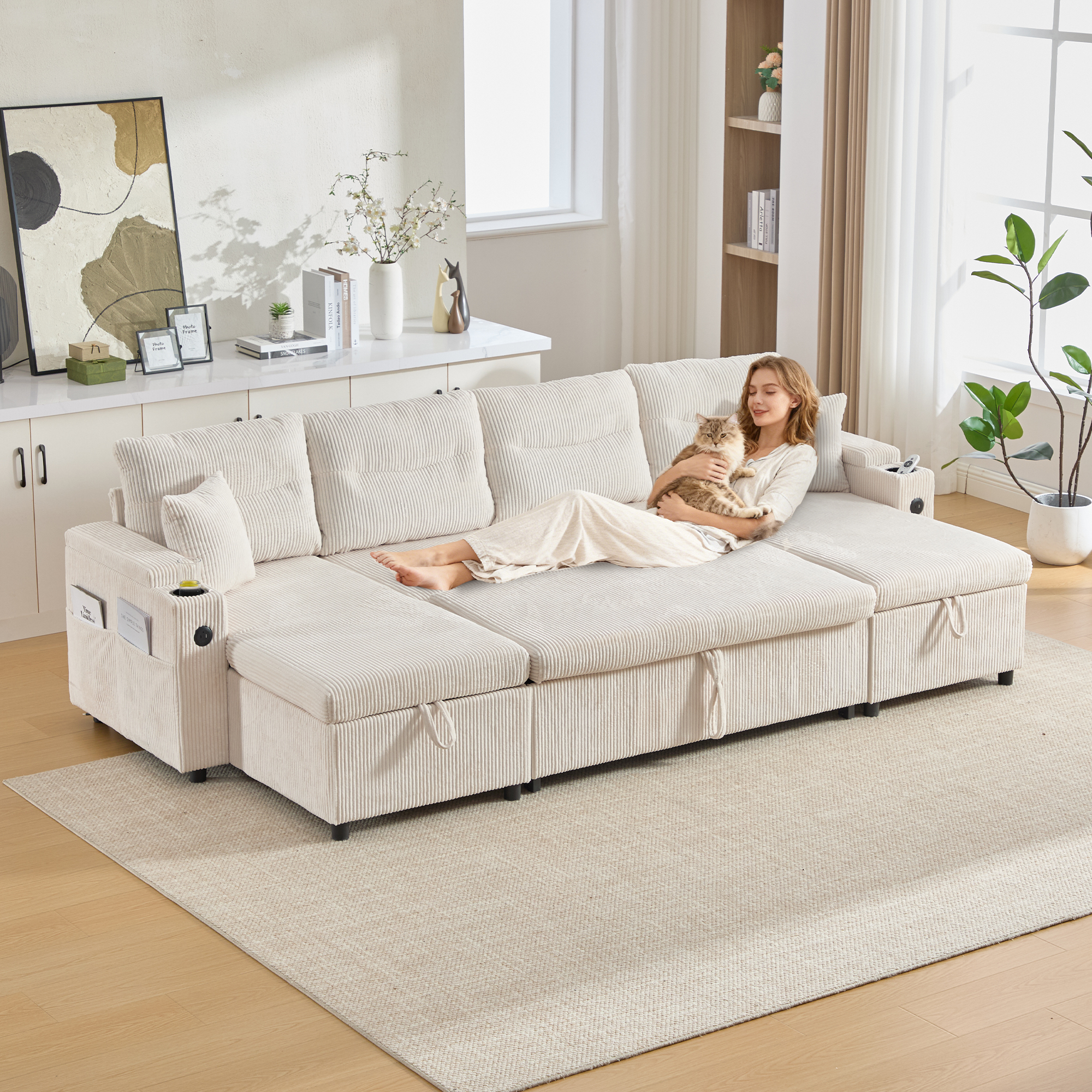 Contemporary 4-seater Corduroy Sofa With Dual Chaise Lounges, Hidden Storage, Built-in Cup Holders, USB Ports And Handy Pull-out Bed The Perfect Centrepiece For Your Lounge. Beige