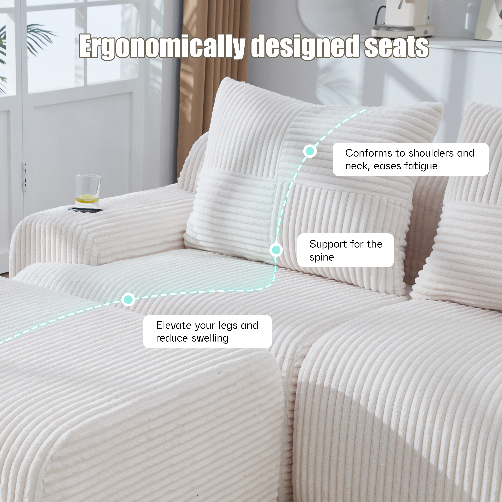 Modular 2-Seater Corduroy Sofa With Ottomans, Freely Configurable Set Cup — image 4