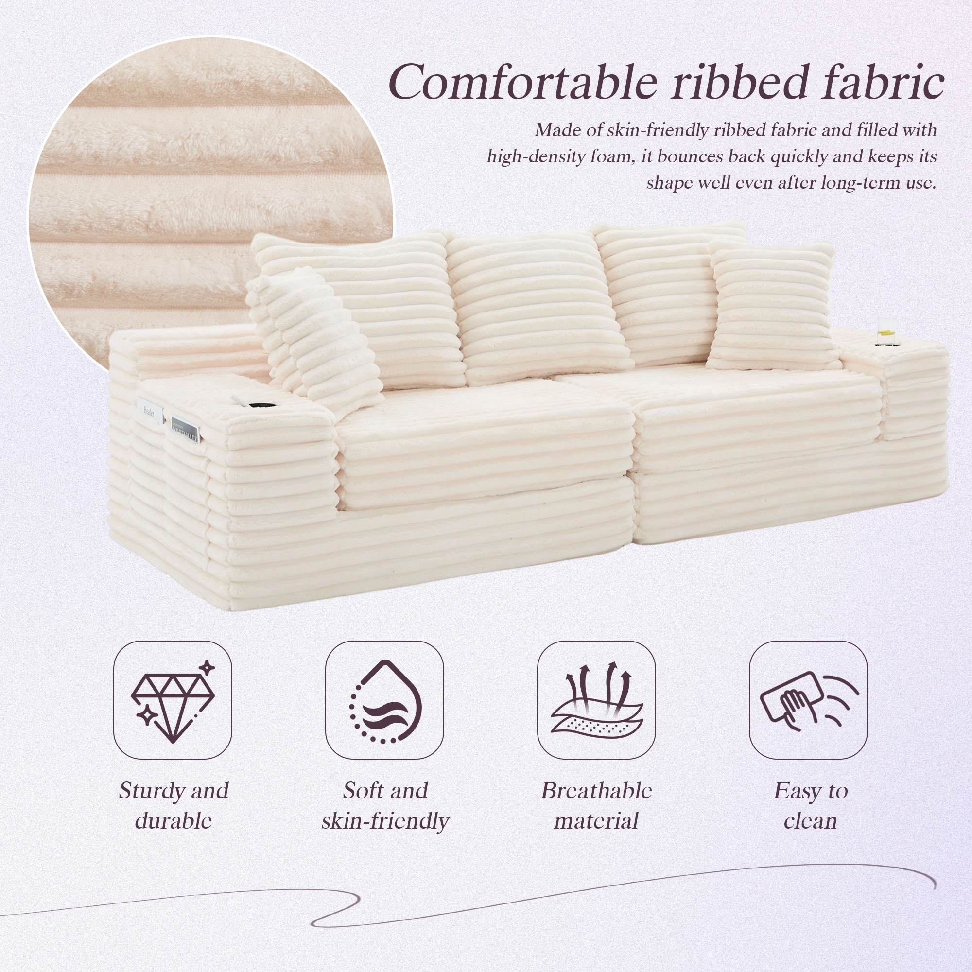Corduroy Sofa With Compressed Seat Design, High Backrest & Extra Pillow, Side — image 5