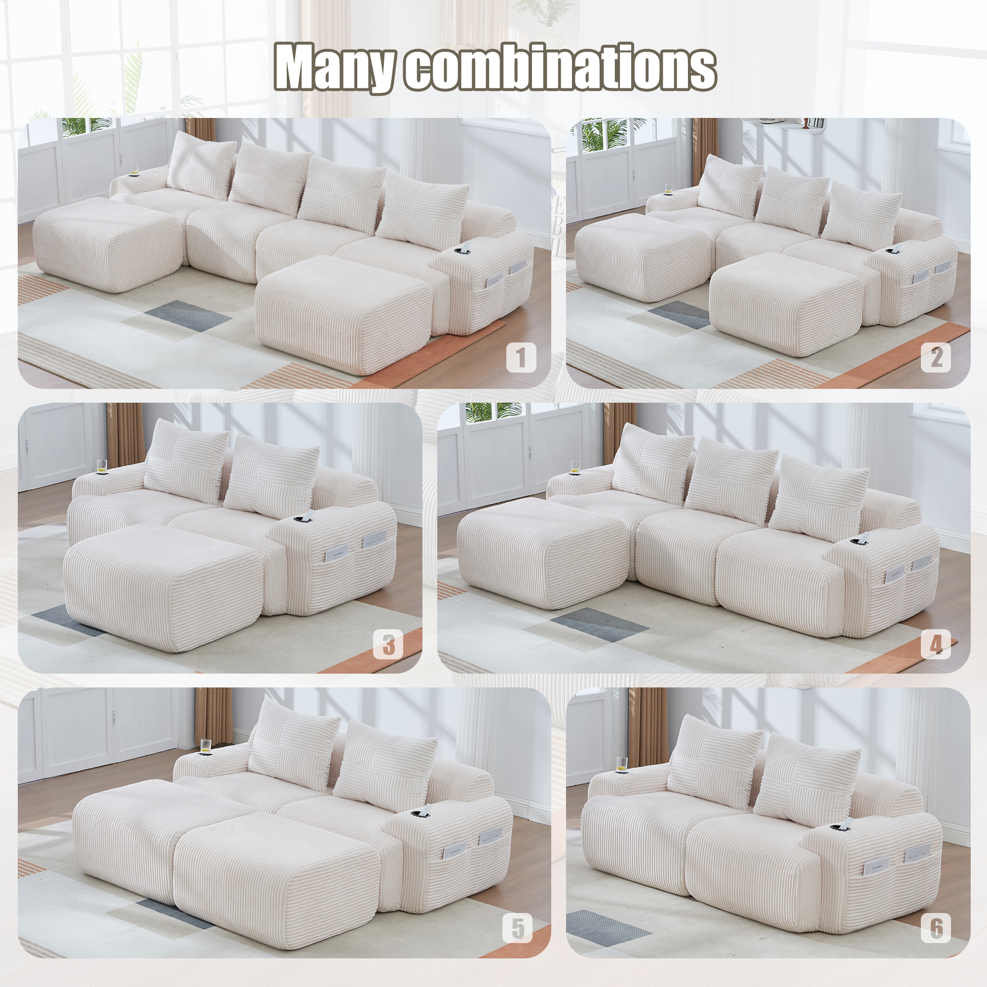 Modular 2-Seater Corduroy Sofa With Ottomans, Freely Configurable Set Cup — image 2