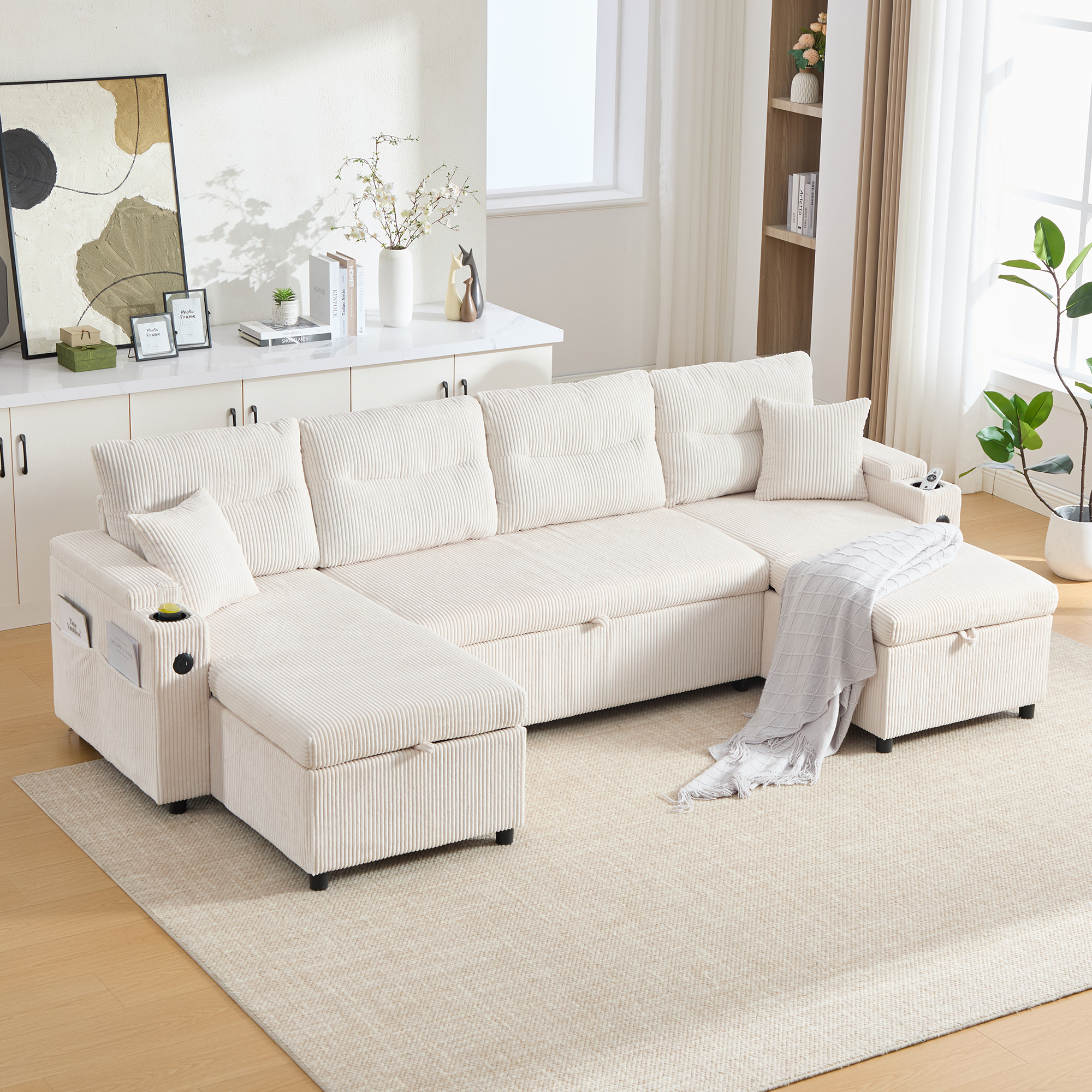 Contemporary 4-seater Corduroy Sofa With Dual Chaise Lounges, Hidden Storage — image 3