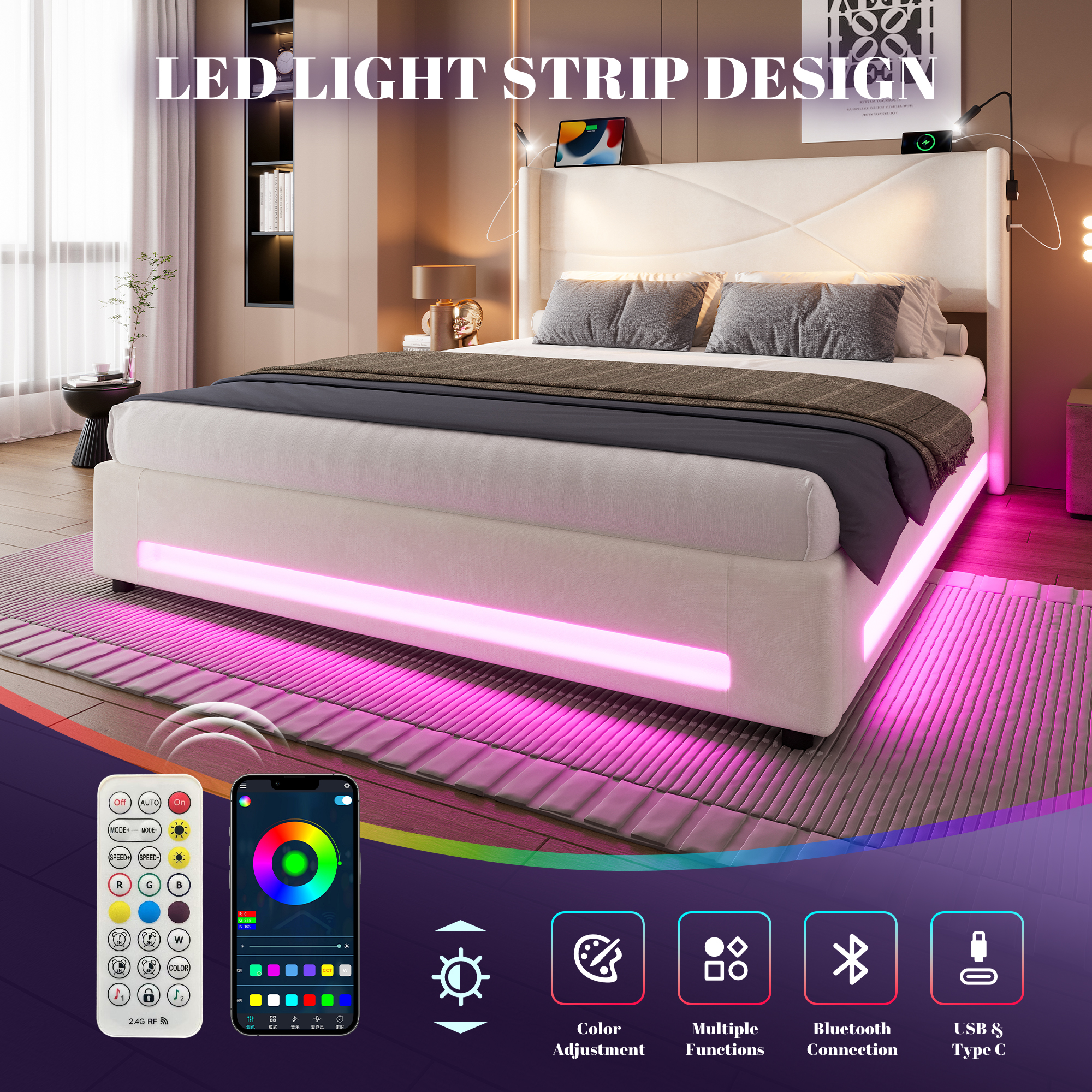 Modern Bed Frame With Integrated Reading Lamps, Ambient LED Lighting, Hydraulic — image 5